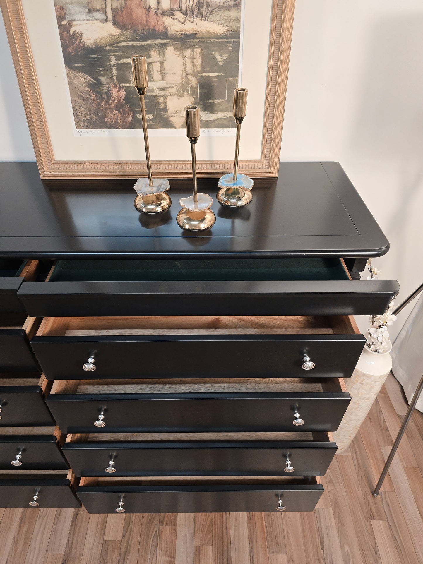 Elegant Solid Wood 8-Drawer Dresser by Stanley – Classic Black with Silver Knobs