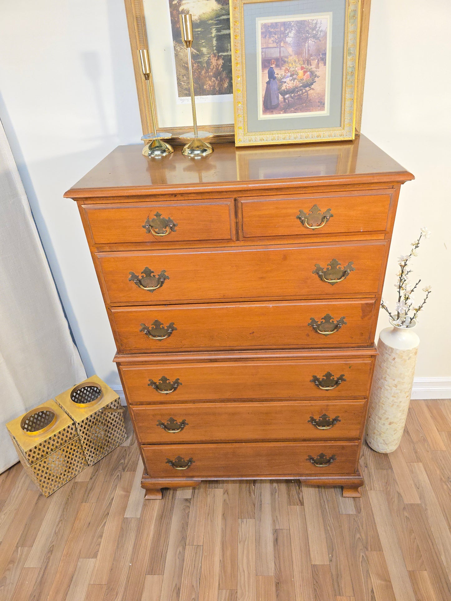 Vintage Solid Pine Wood Highboy Dresser with Brass Hardware - Made in America