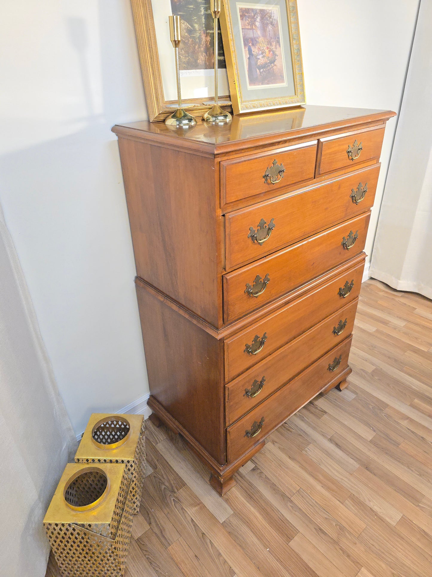 Vintage Solid Pine Wood Highboy Dresser with Brass Hardware - Made in America