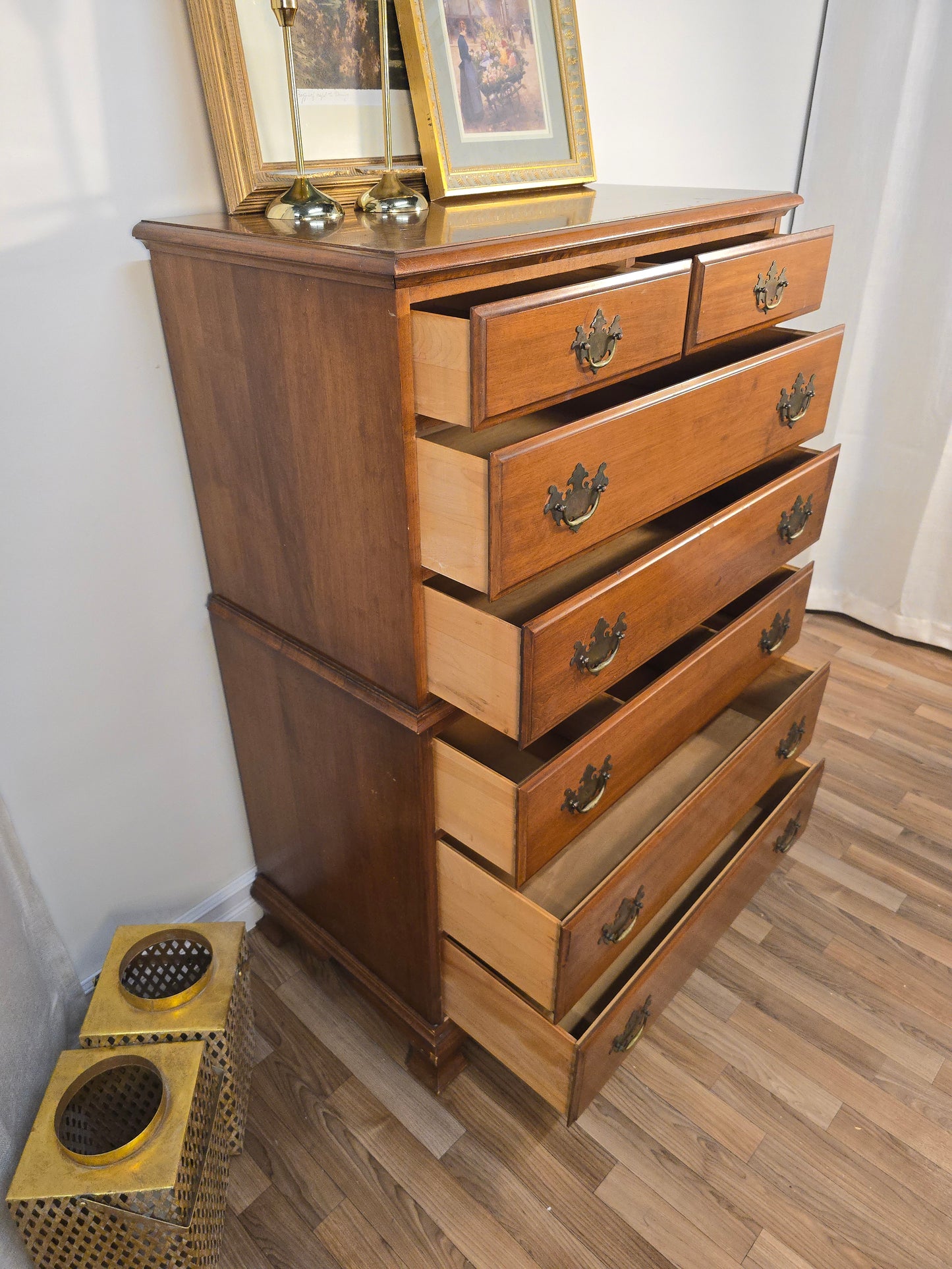 Vintage Solid Pine Wood Highboy Dresser with Brass Hardware - Made in America