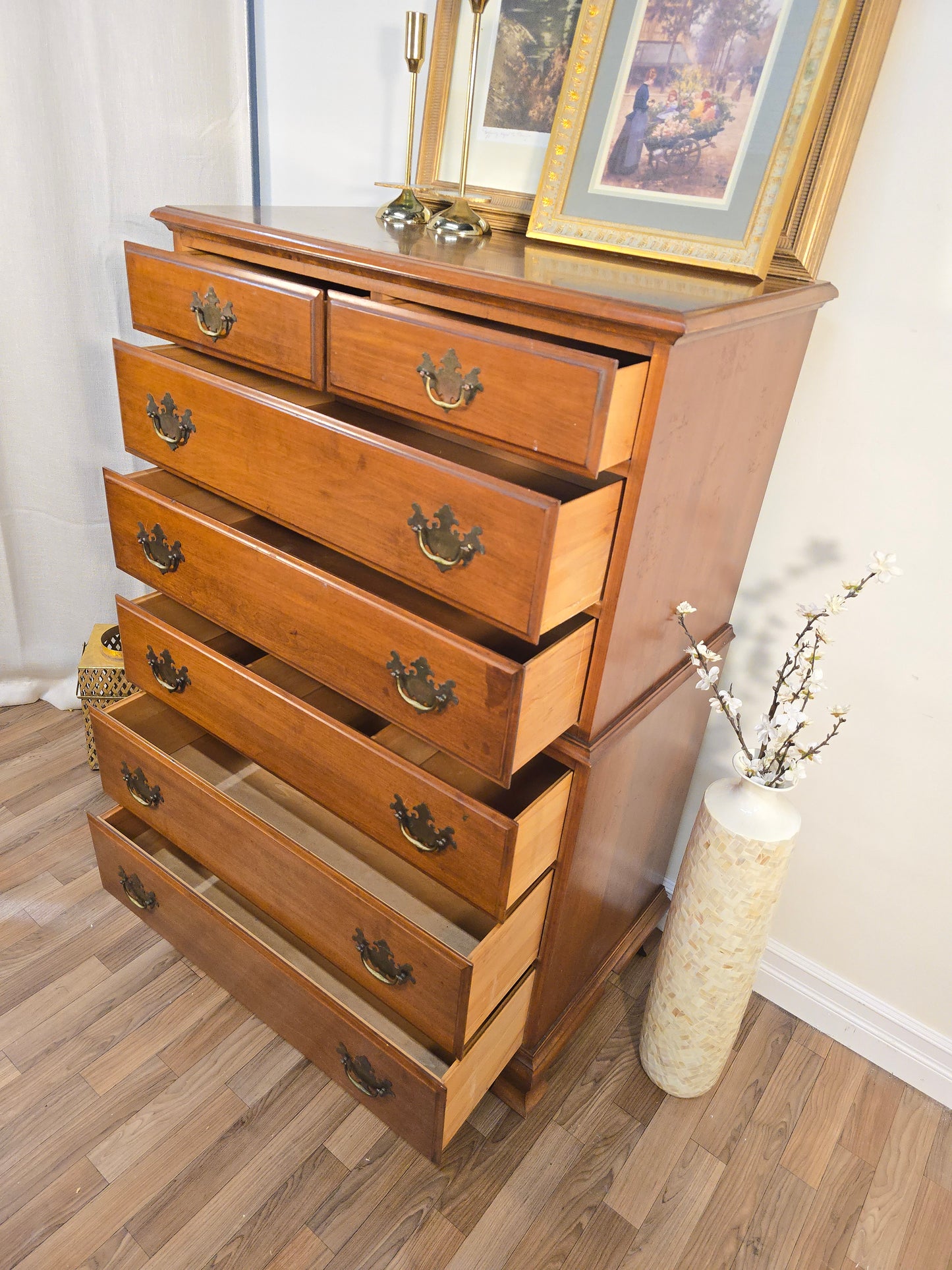 Vintage Solid Pine Wood Highboy Dresser with Brass Hardware - Made in America