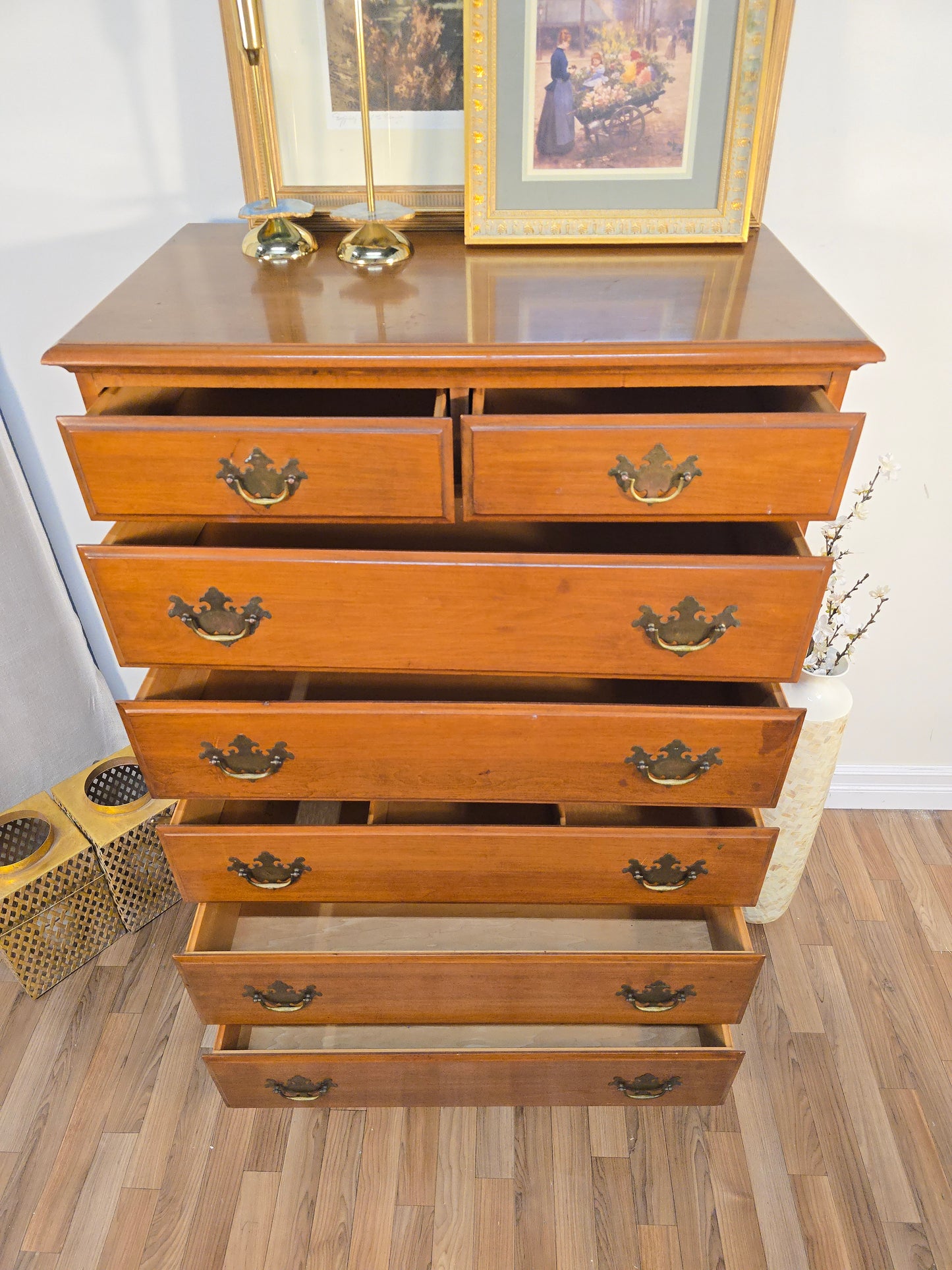Vintage Solid Pine Wood Highboy Dresser with Brass Hardware - Made in America