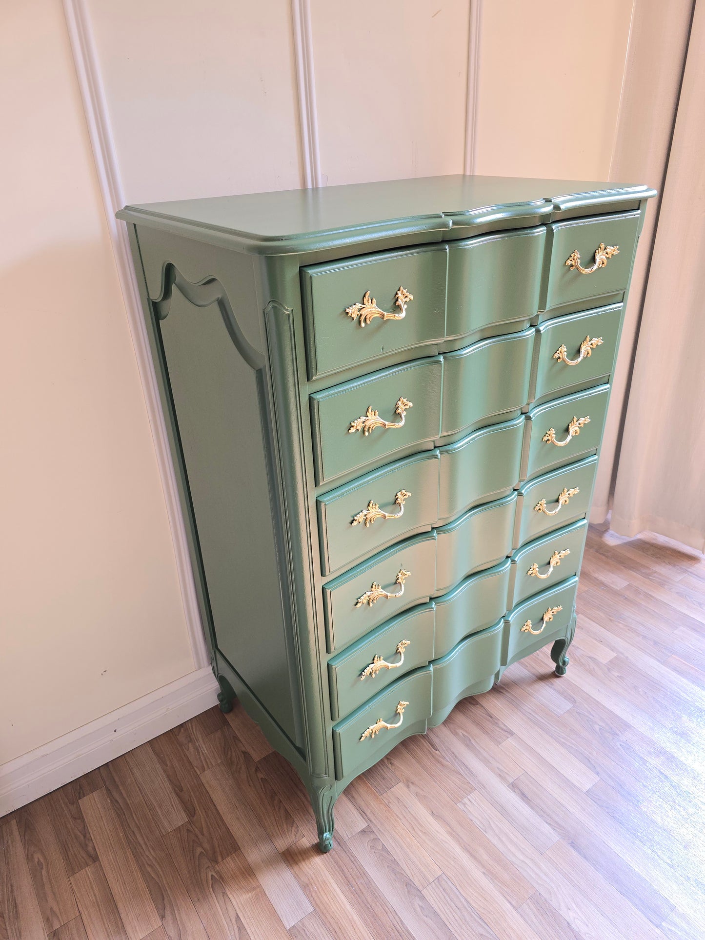 Refinished Green Solid Wood Tallboy Dresser with Gold Hardware