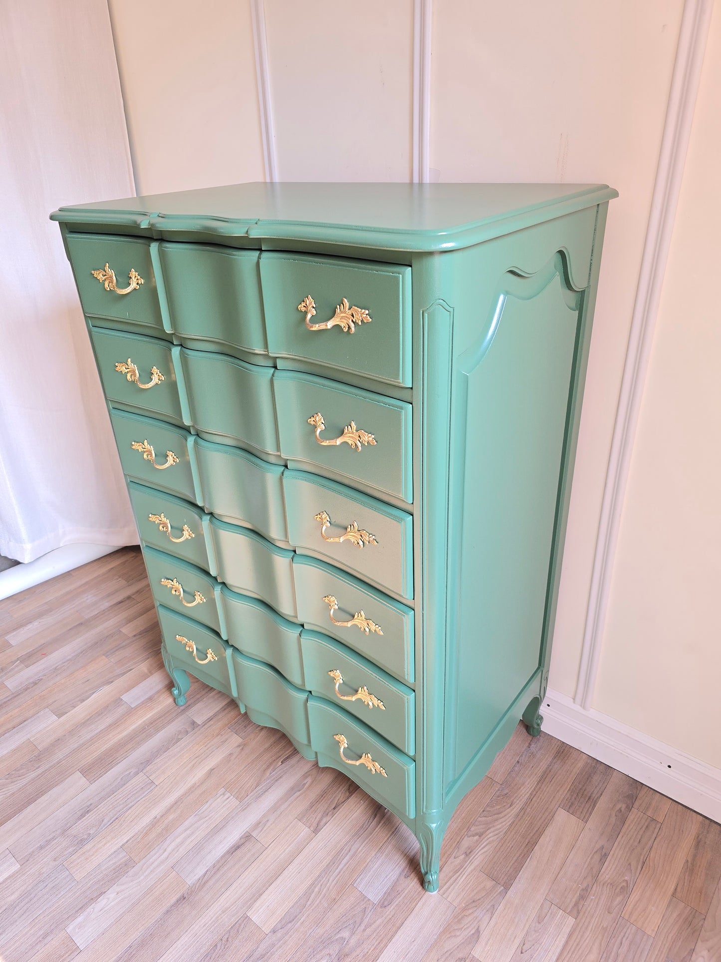 Refinished Green Solid Wood Tallboy Dresser with Gold Hardware