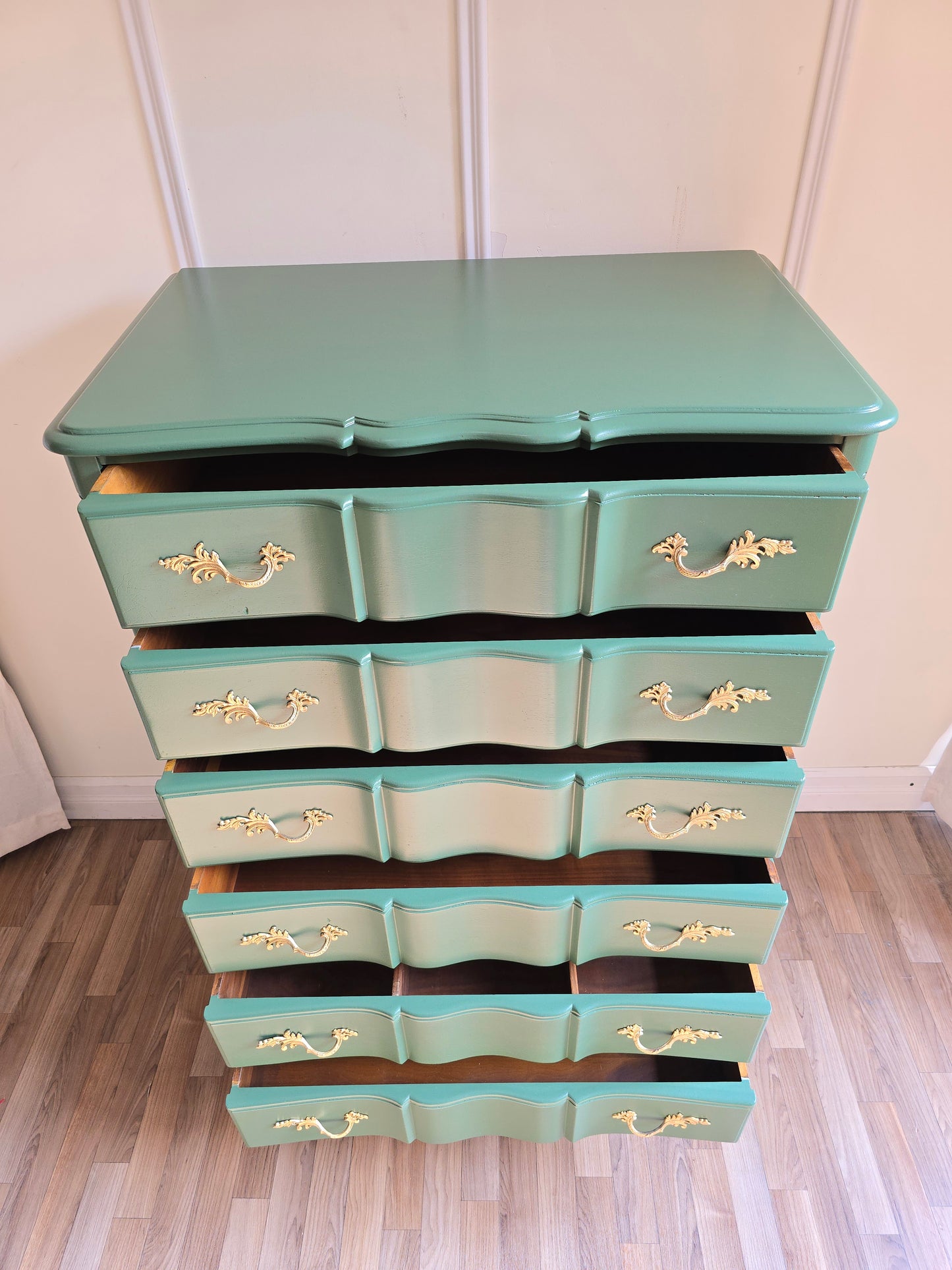 Refinished Green Solid Wood Tallboy Dresser with Gold Hardware