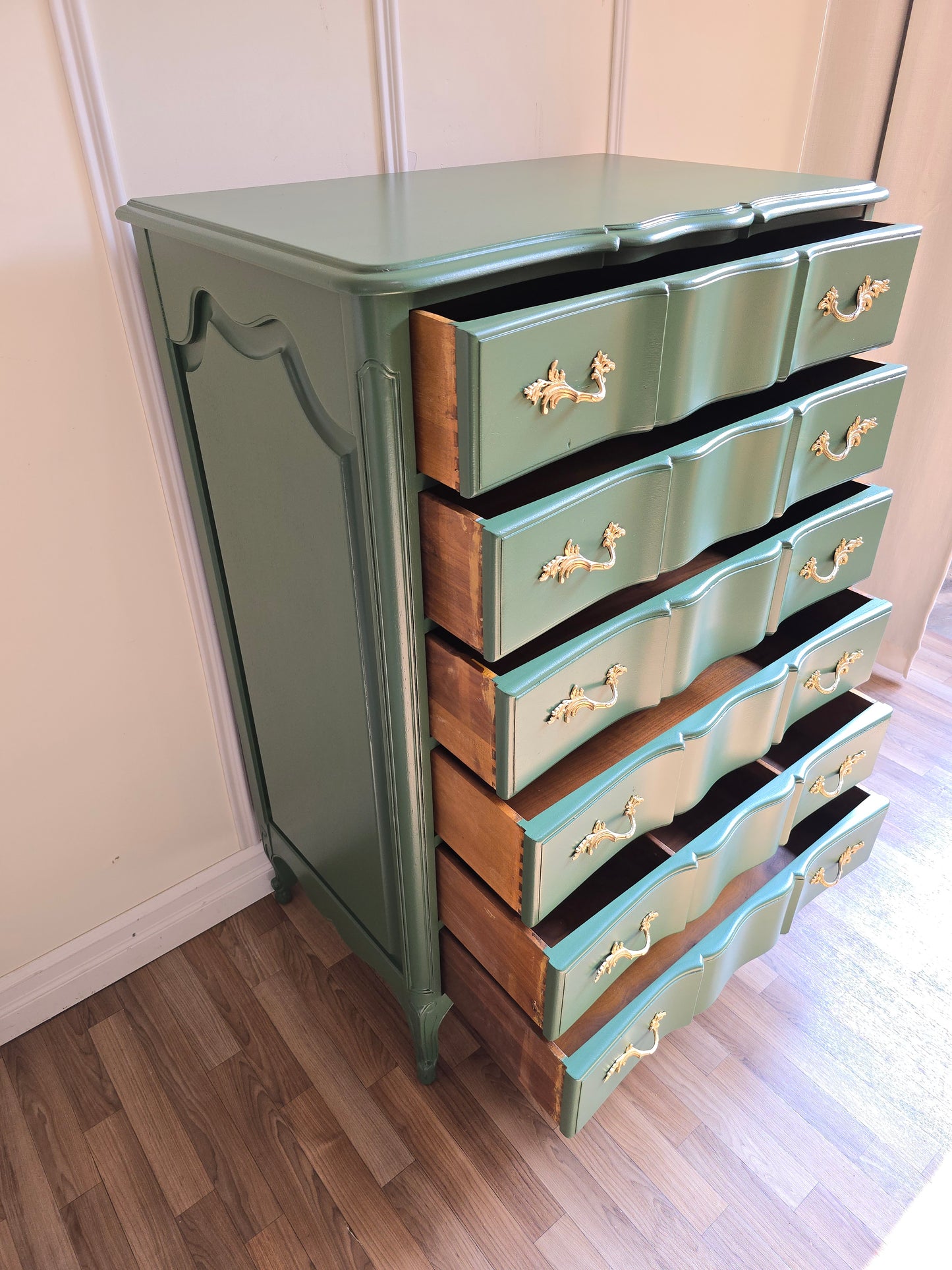 Refinished Green Solid Wood Tallboy Dresser with Gold Hardware