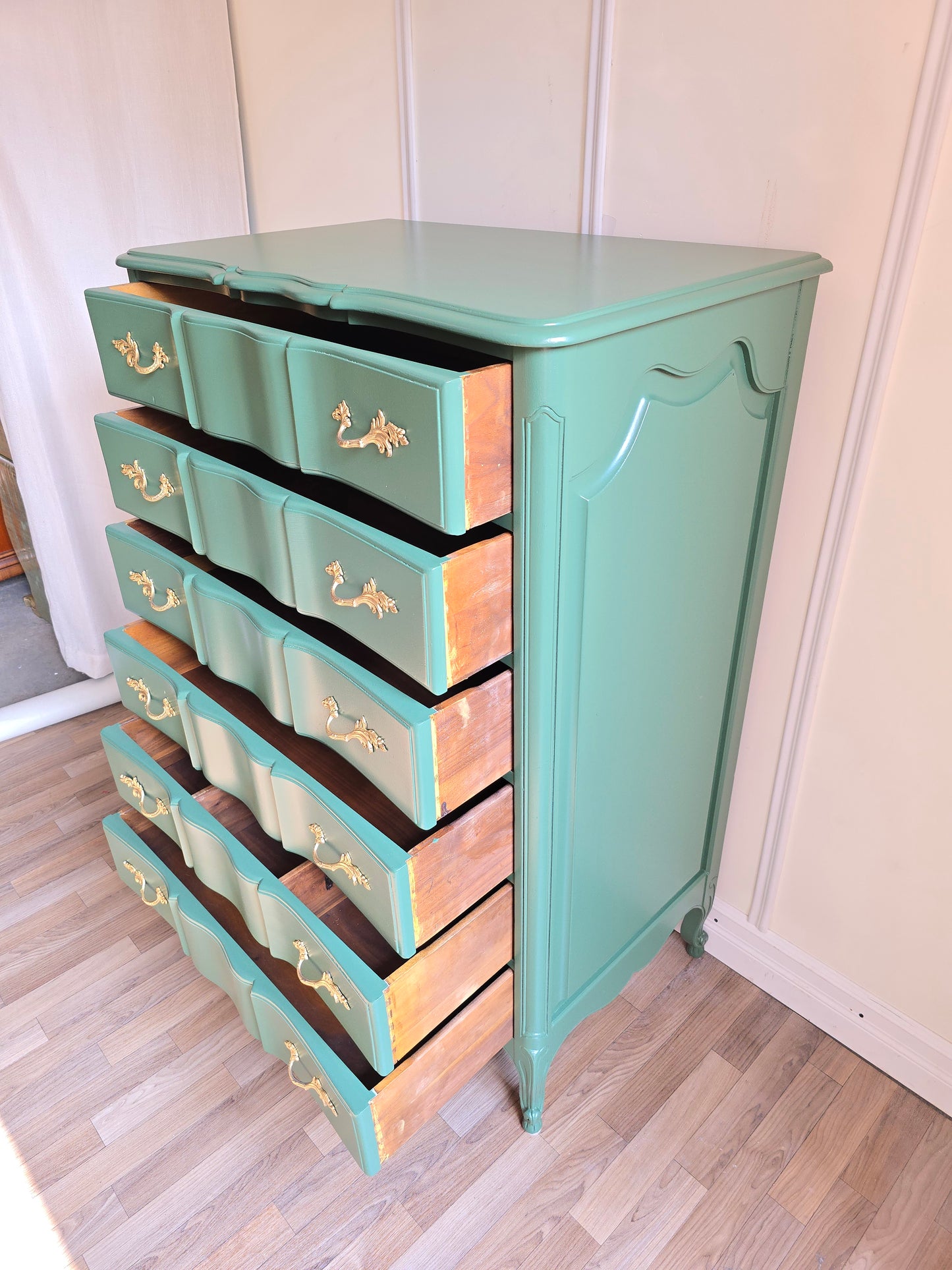 Refinished Green Solid Wood Tallboy Dresser with Gold Hardware