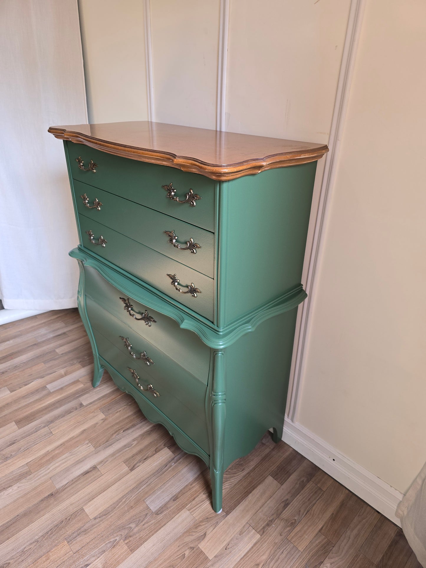 Refinished Tall French Wood Dresser in Martha’s Vineyard Green with Wood Top