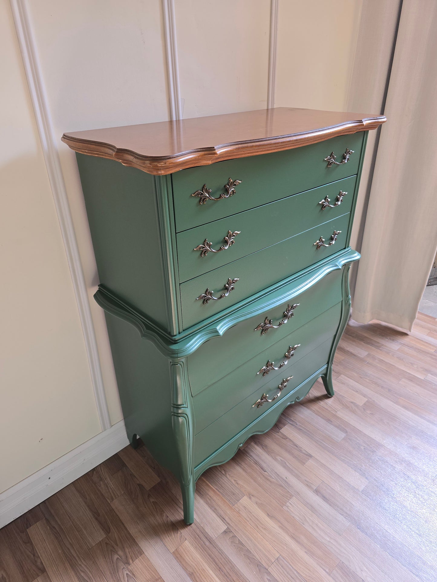 Refinished Tall French Wood Dresser in Martha’s Vineyard Green with Wood Top