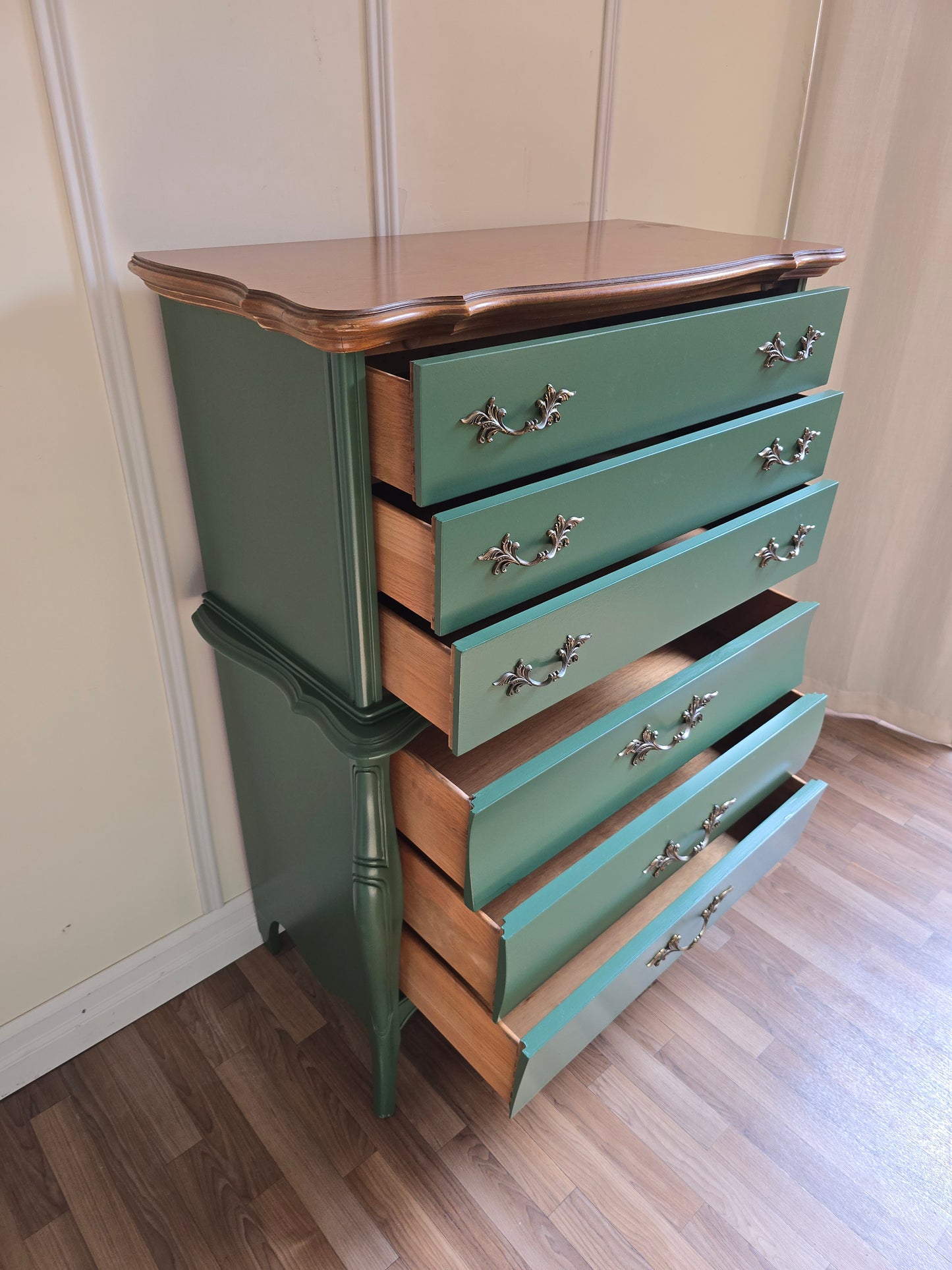 Refinished Tall French Wood Dresser in Martha’s Vineyard Green with Wood Top