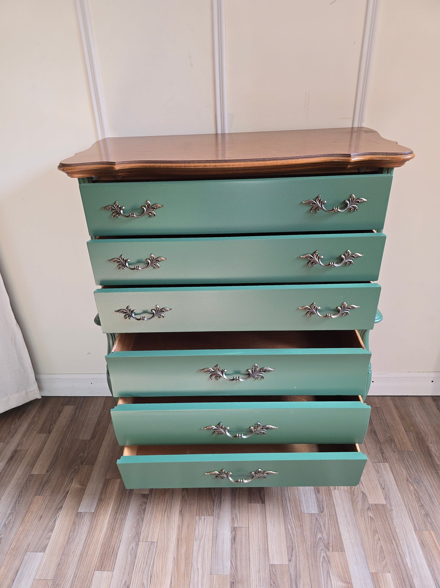 Refinished Tall French Wood Dresser in Martha’s Vineyard Green with Wood Top