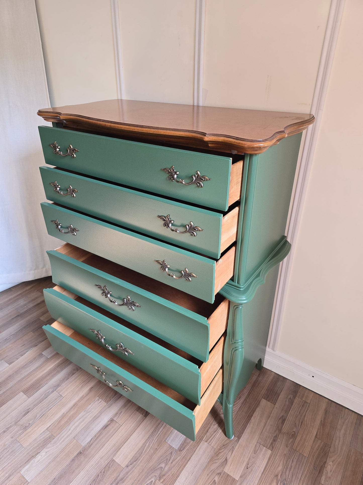 Refinished Tall French Wood Dresser in Martha’s Vineyard Green with Wood Top