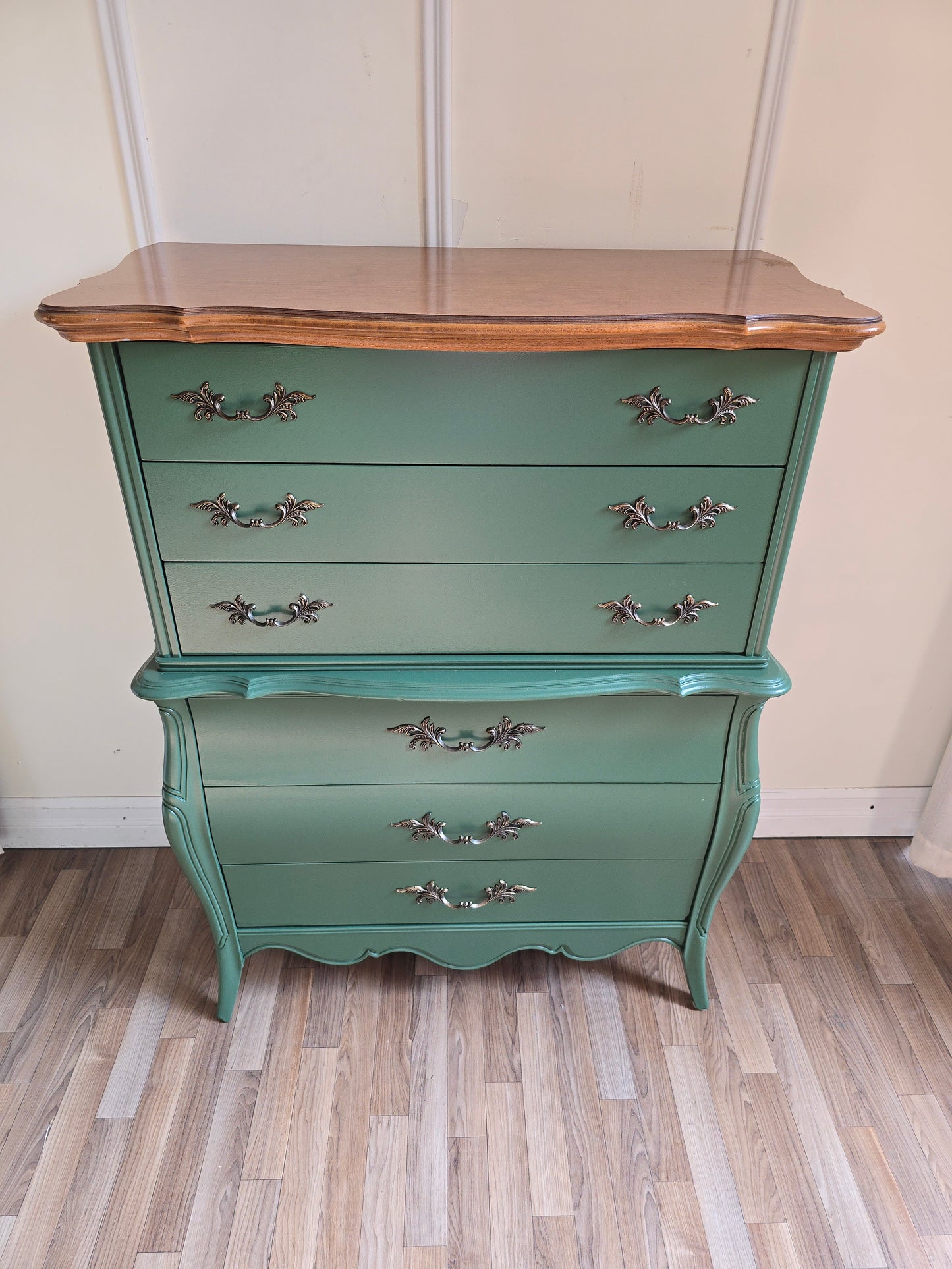 Refinished Tall French Wood Dresser in Martha’s Vineyard Green with Wood Top