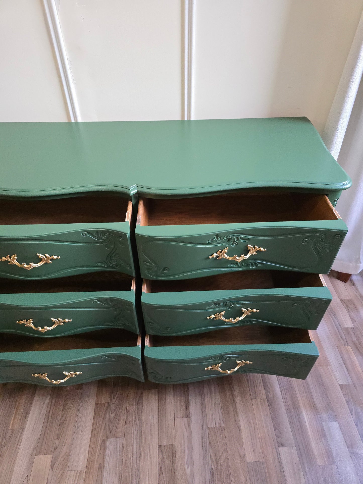 Refinished Solid Wood French Provincial Dresser – Emerald Green with Gold Hardware