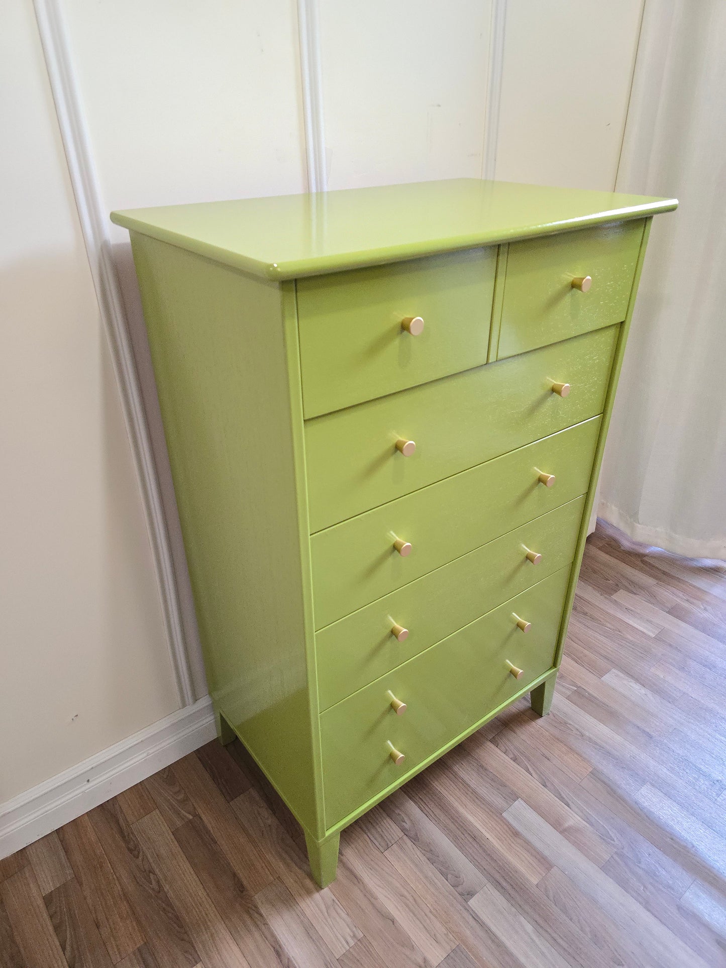 Refinished Mid-Century Solid Wood Dresser in Fresh Apple Green Lacquer