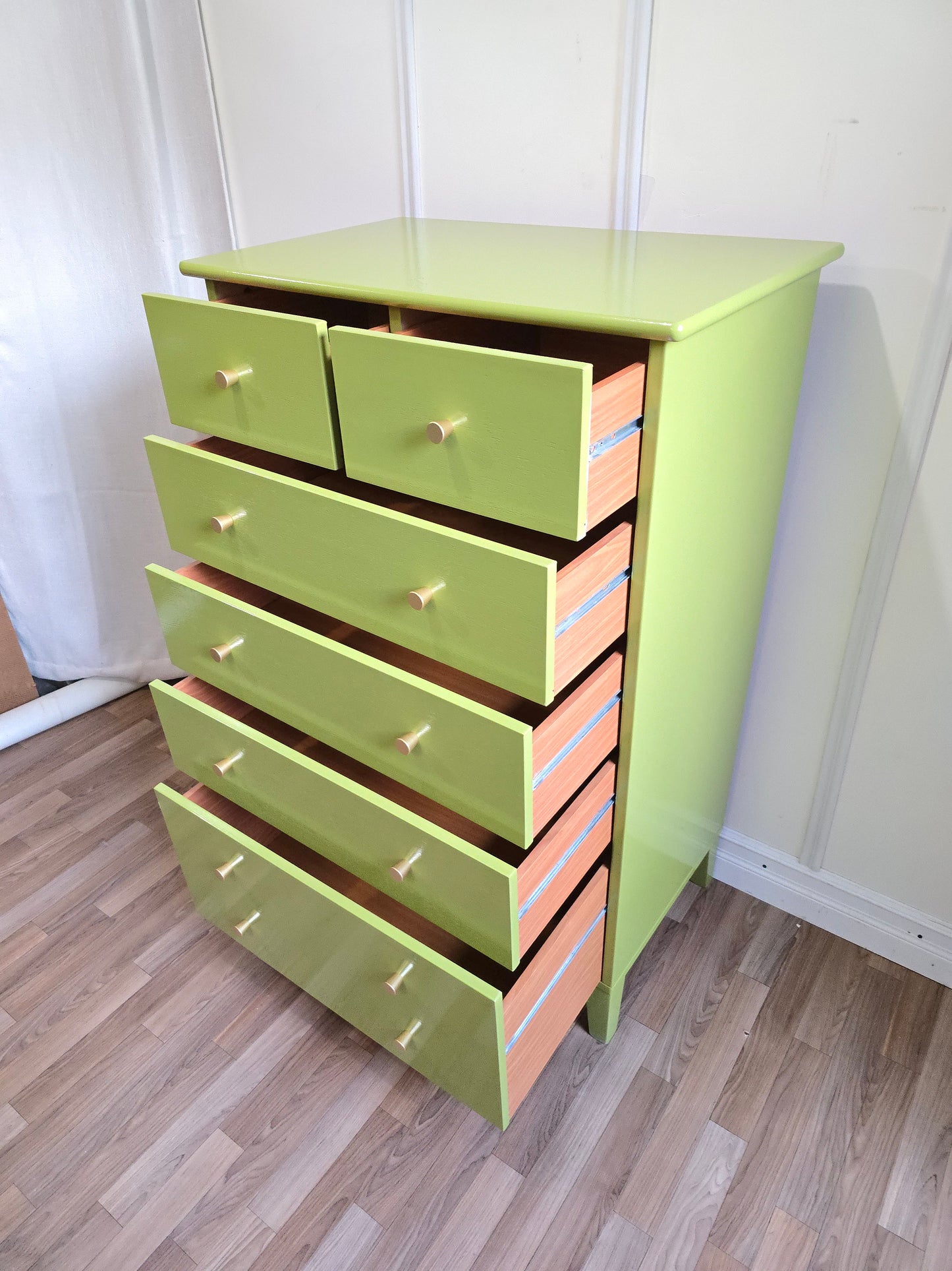 Refinished Mid-Century Solid Wood Dresser in Fresh Apple Green Lacquer