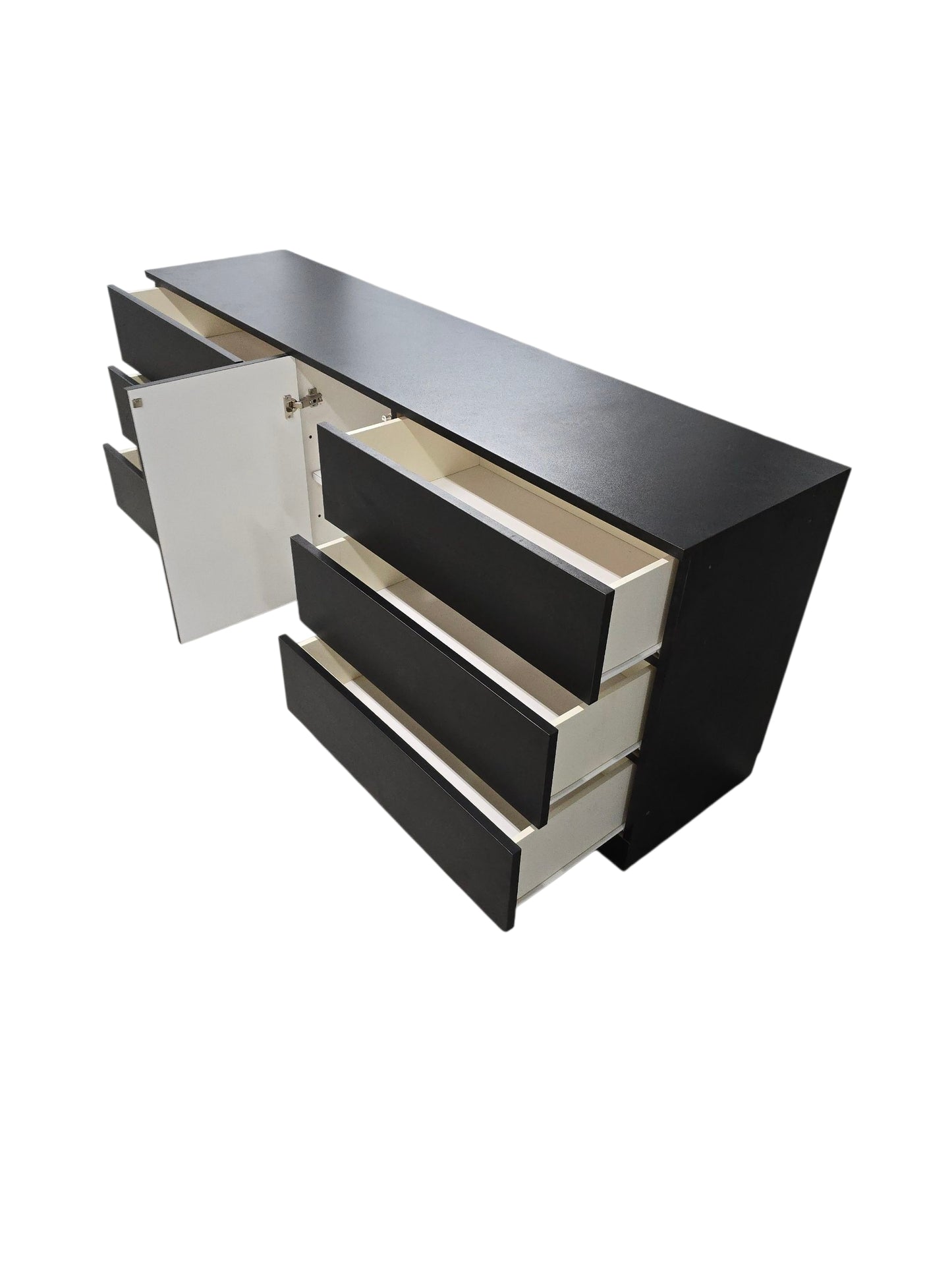 Modern Minimalist Black 6-Drawer Low Dresser with Central Cabinet