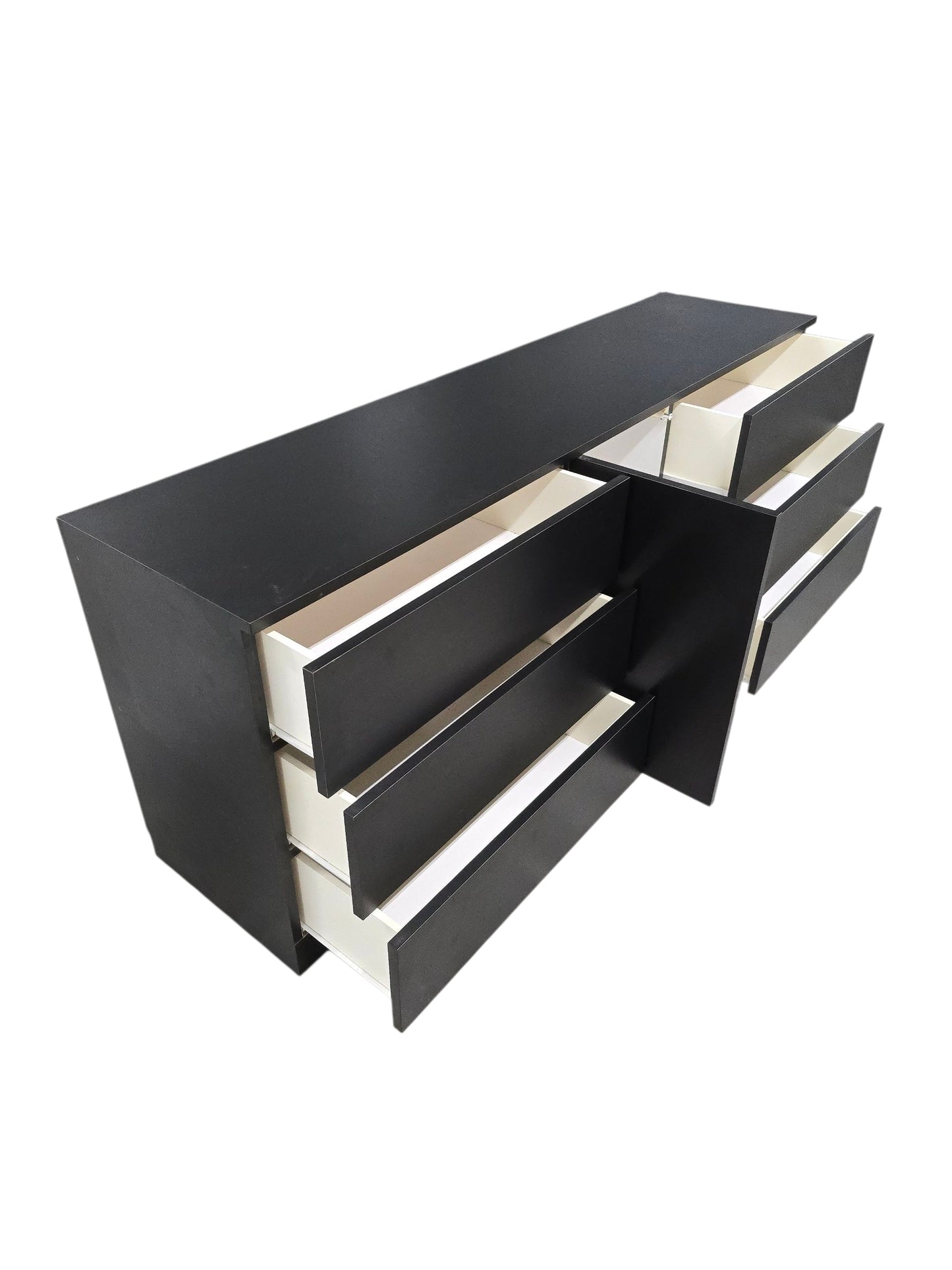 Modern Minimalist Black 6-Drawer Low Dresser with Central Cabinet