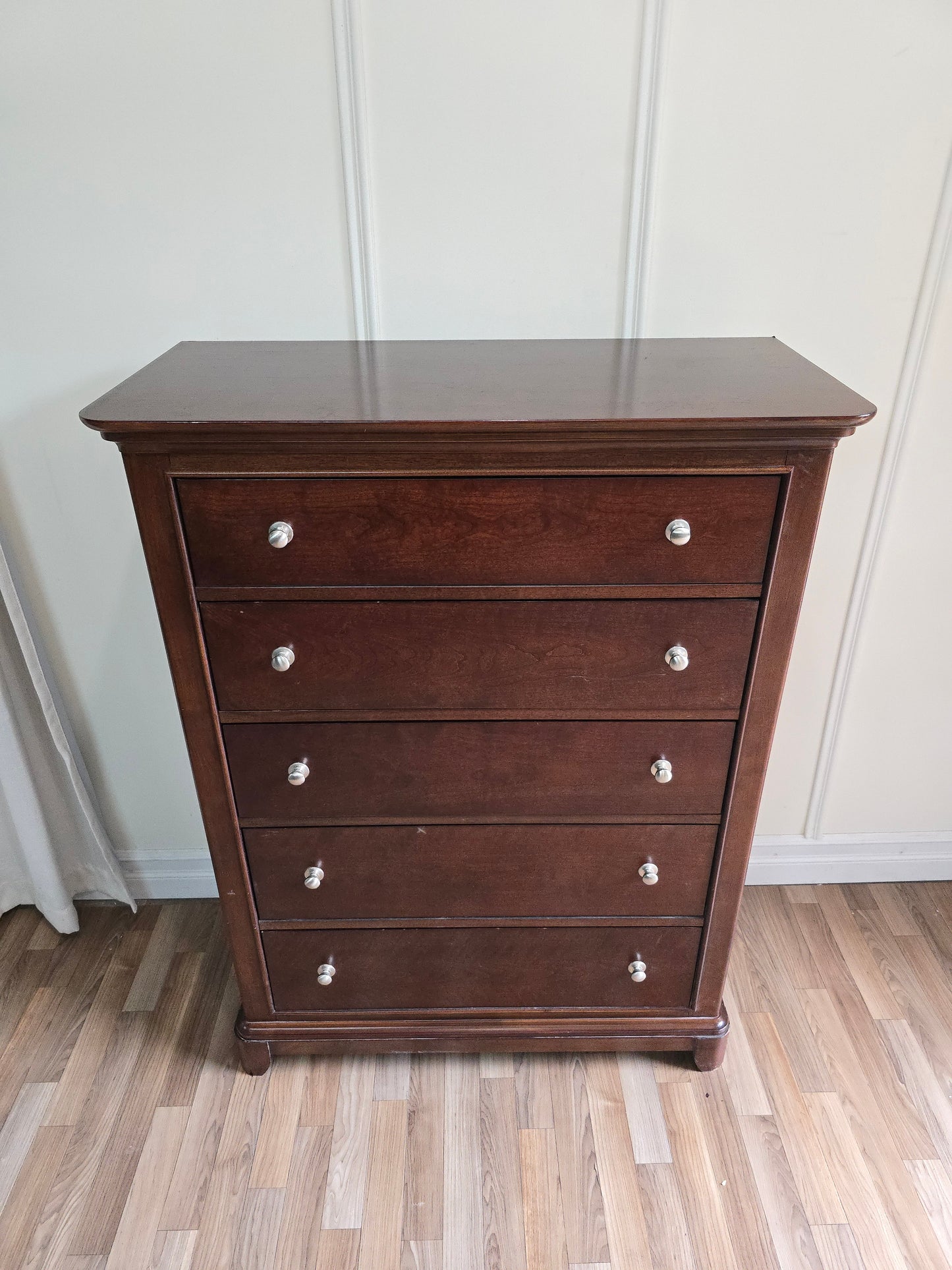 Classic Solid Wood Tall Chest - 5 Drawer in Rich Espresso Finish with Brushed Nickel Knobs