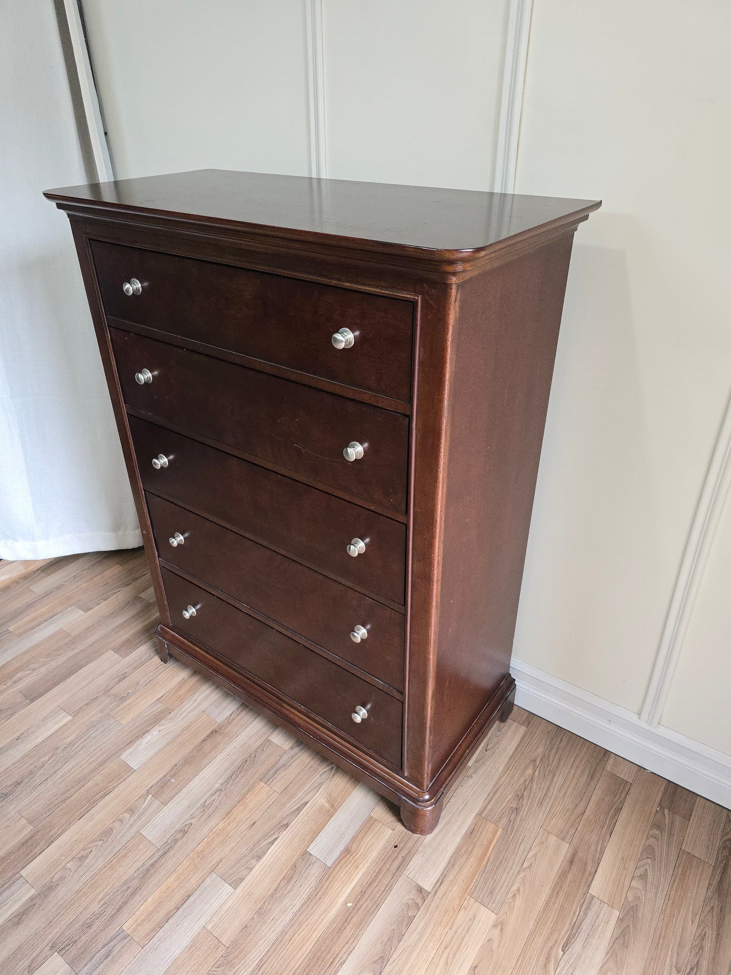 Classic Solid Wood Tall Chest - 5 Drawer in Rich Espresso Finish with Brushed Nickel Knobs