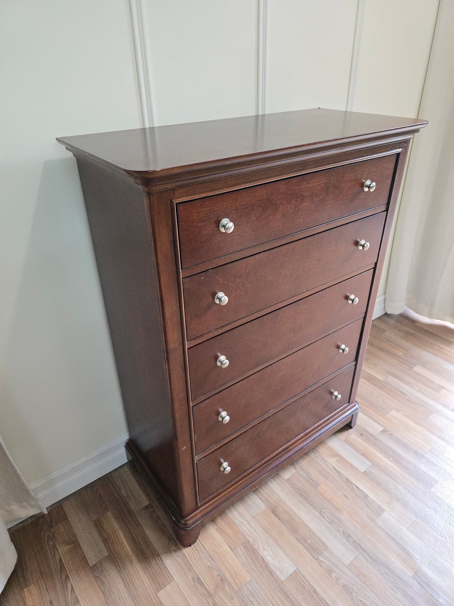 Classic Solid Wood Tall Chest - 5 Drawer in Rich Espresso Finish with Brushed Nickel Knobs