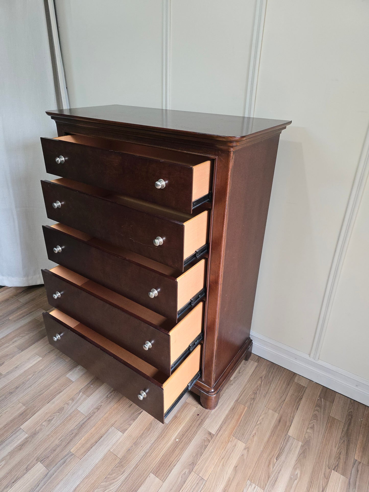 Classic Solid Wood Tall Chest - 5 Drawer in Rich Espresso Finish with Brushed Nickel Knobs