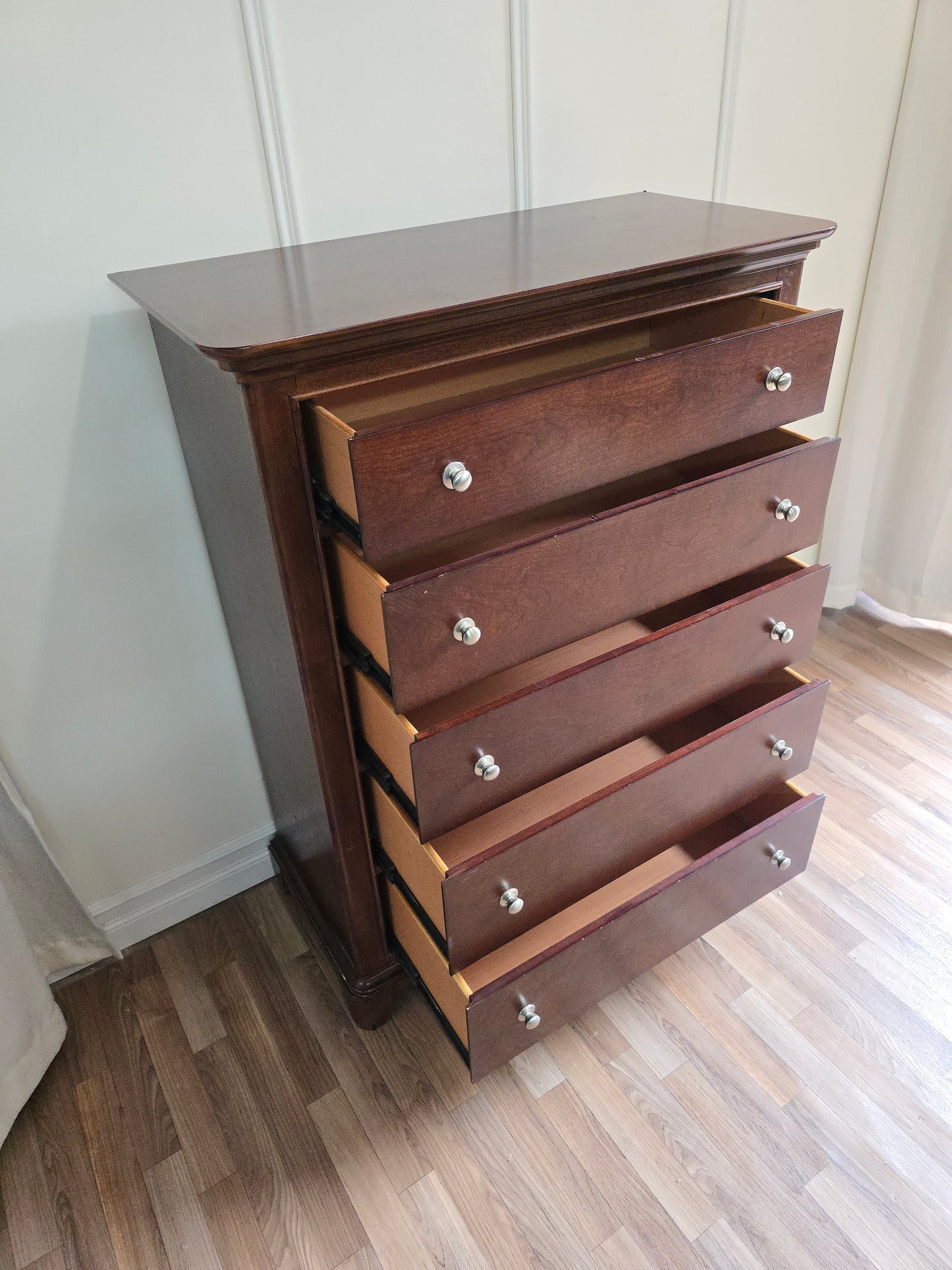 Classic Solid Wood Tall Chest - 5 Drawer in Rich Espresso Finish with Brushed Nickel Knobs