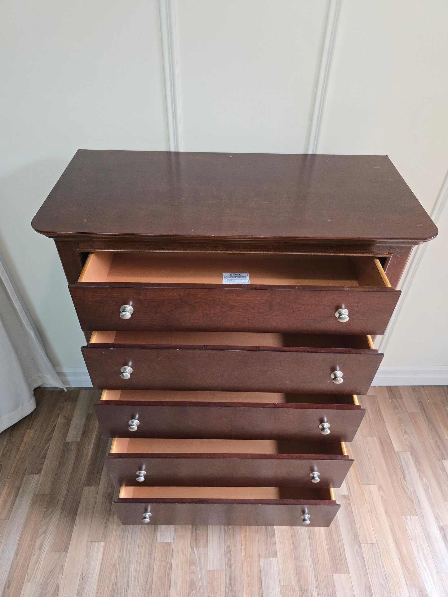 Classic Solid Wood Tall Chest - 5 Drawer in Rich Espresso Finish with Brushed Nickel Knobs