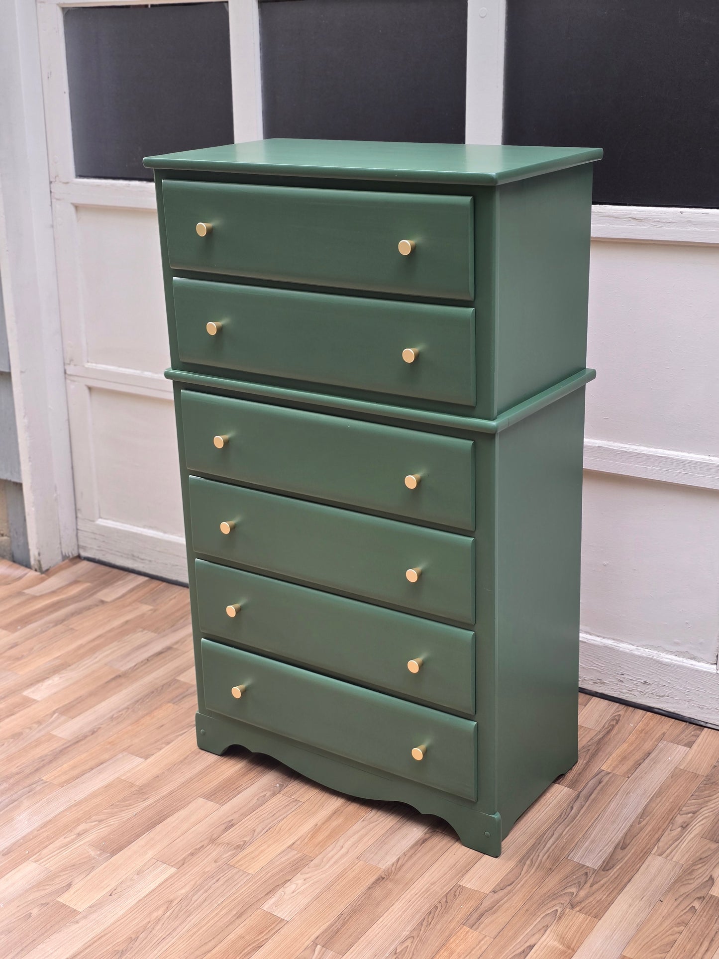 Vintage Green Tall Dresser | Hand-Refinished Modern Cottage Chest with Brass Knobs
