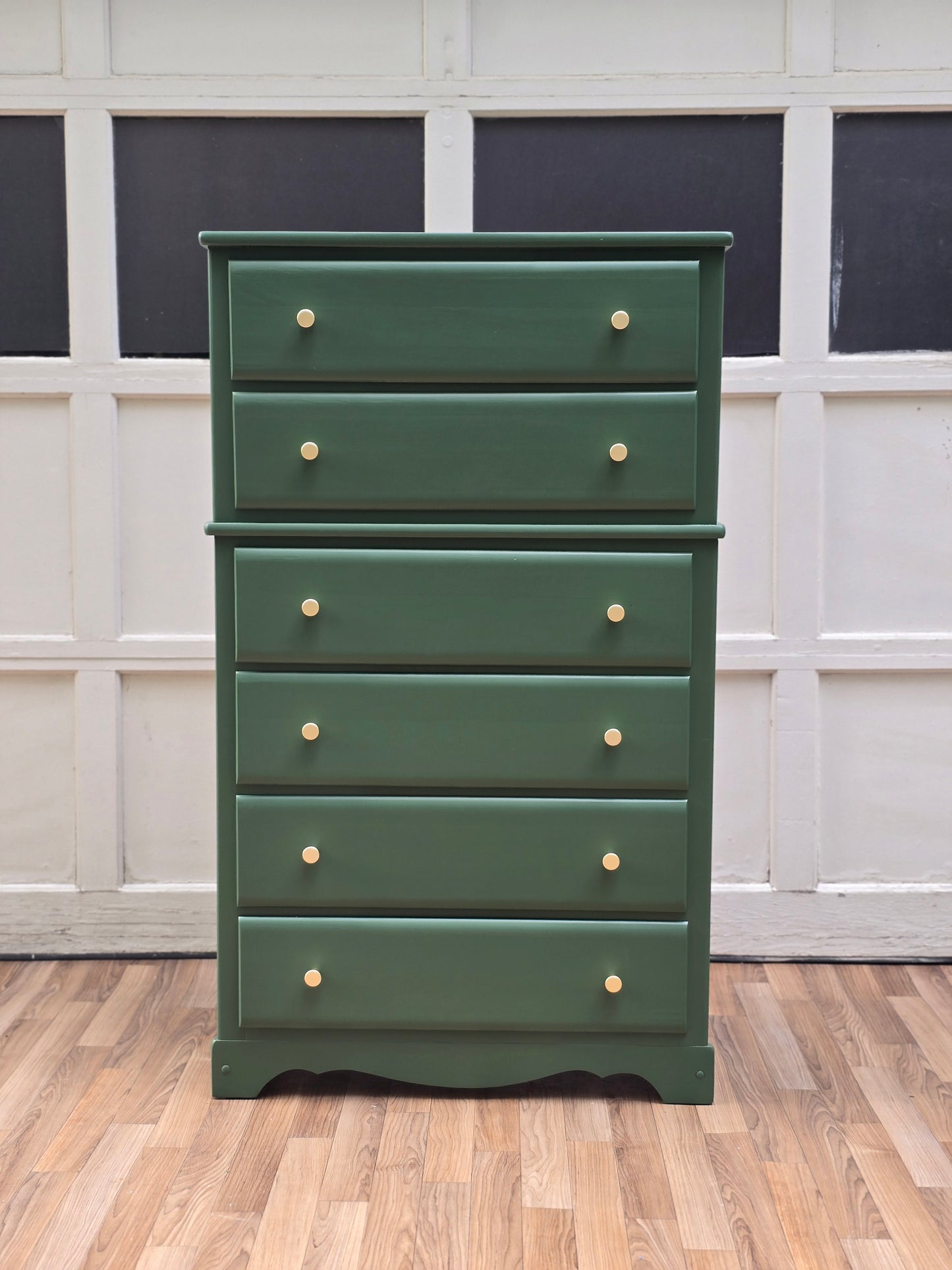 Vintage Green Tall Dresser | Hand-Refinished Modern Cottage Chest with Brass Knobs