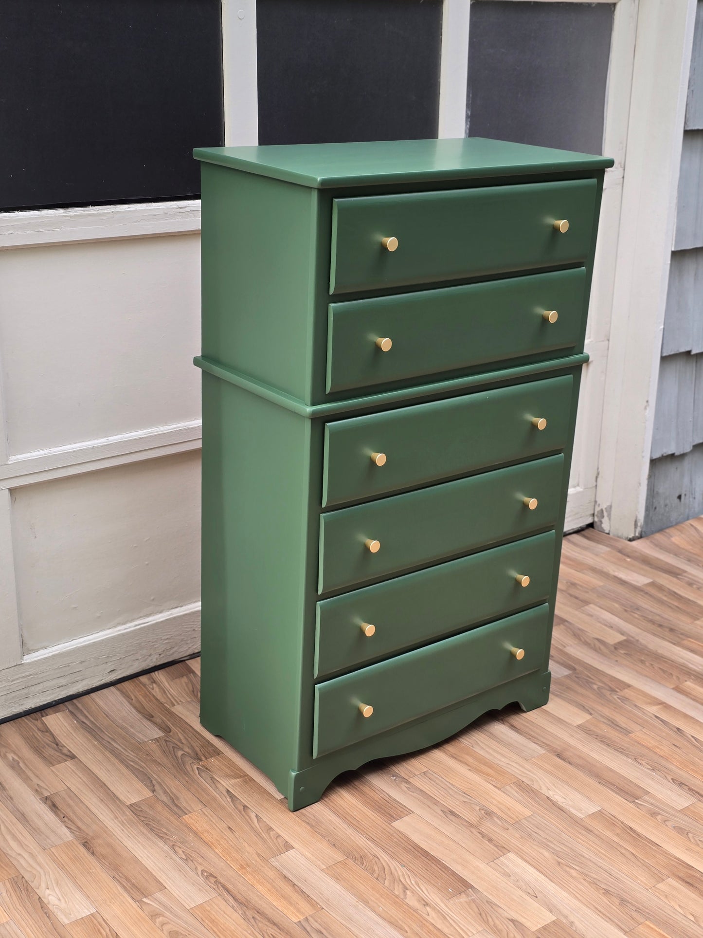 Vintage Green Tall Dresser | Hand-Refinished Modern Cottage Chest with Brass Knobs