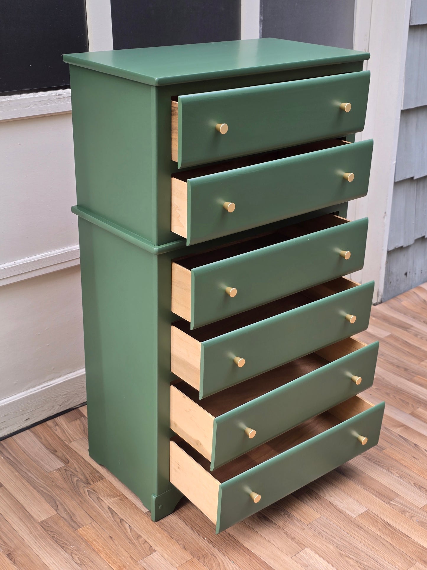 Vintage Green Tall Dresser | Hand-Refinished Modern Cottage Chest with Brass Knobs