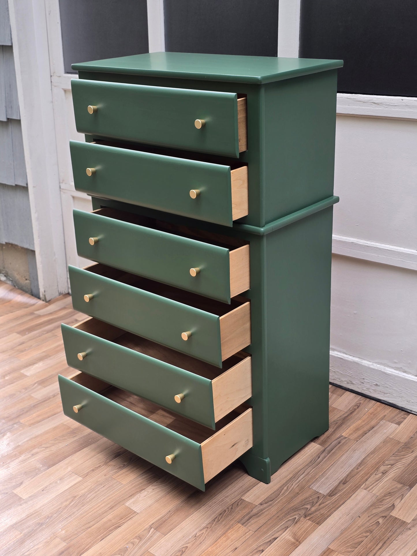 Vintage Green Tall Dresser | Hand-Refinished Modern Cottage Chest with Brass Knobs