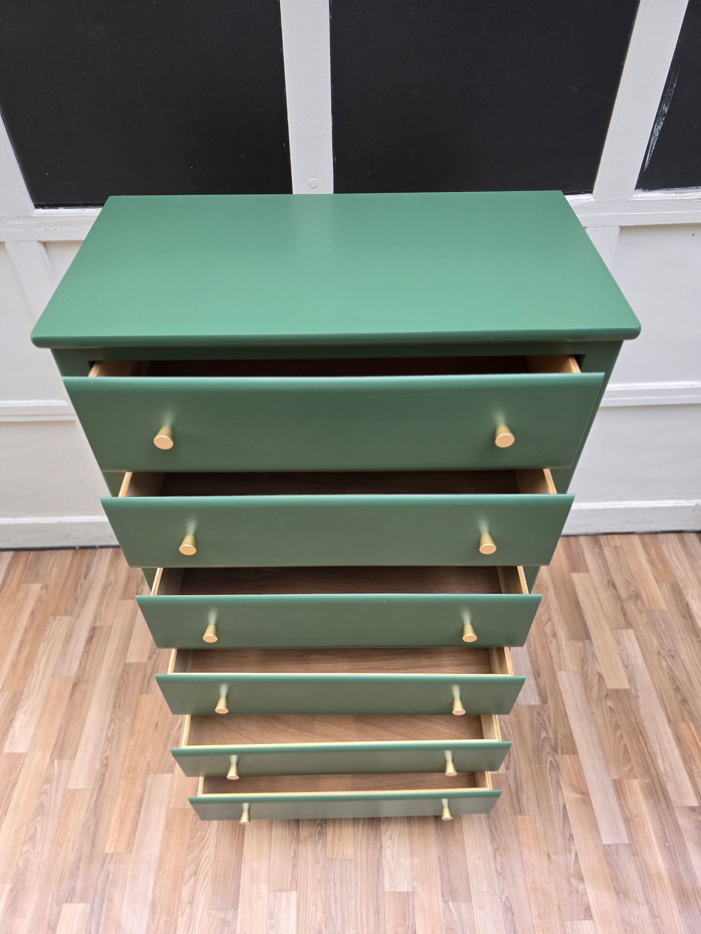 Vintage Green Tall Dresser | Hand-Refinished Modern Cottage Chest with Brass Knobs