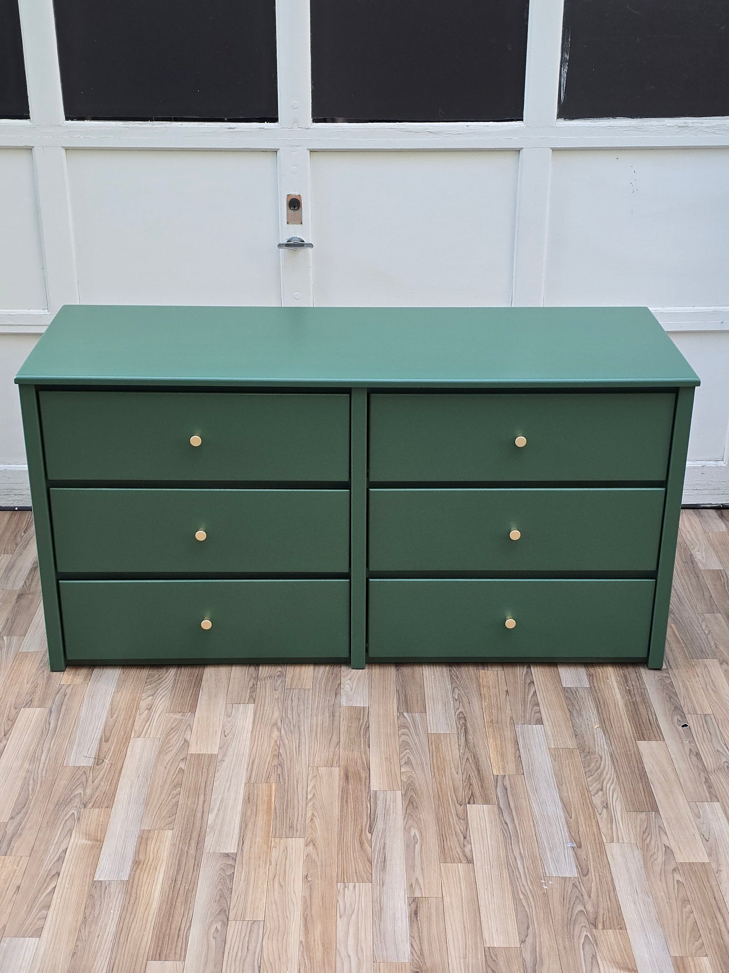 Greenfield Double Dresser – Hand-Refinished in Botanical Green with Brass Knobs