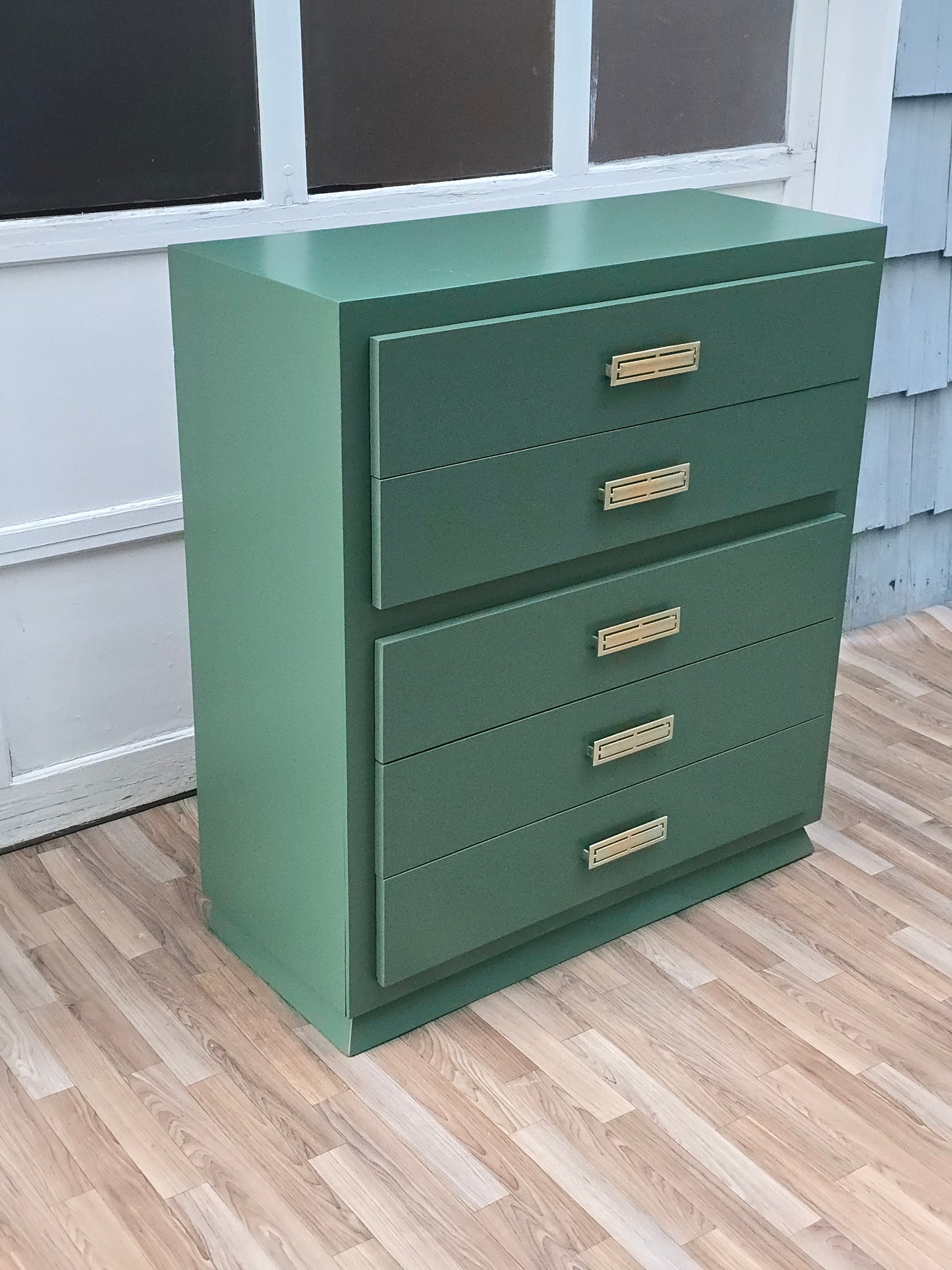 Modern Green Dresser | Hand-Refinished Forest Green 5-Drawer Chest with Brass Handles