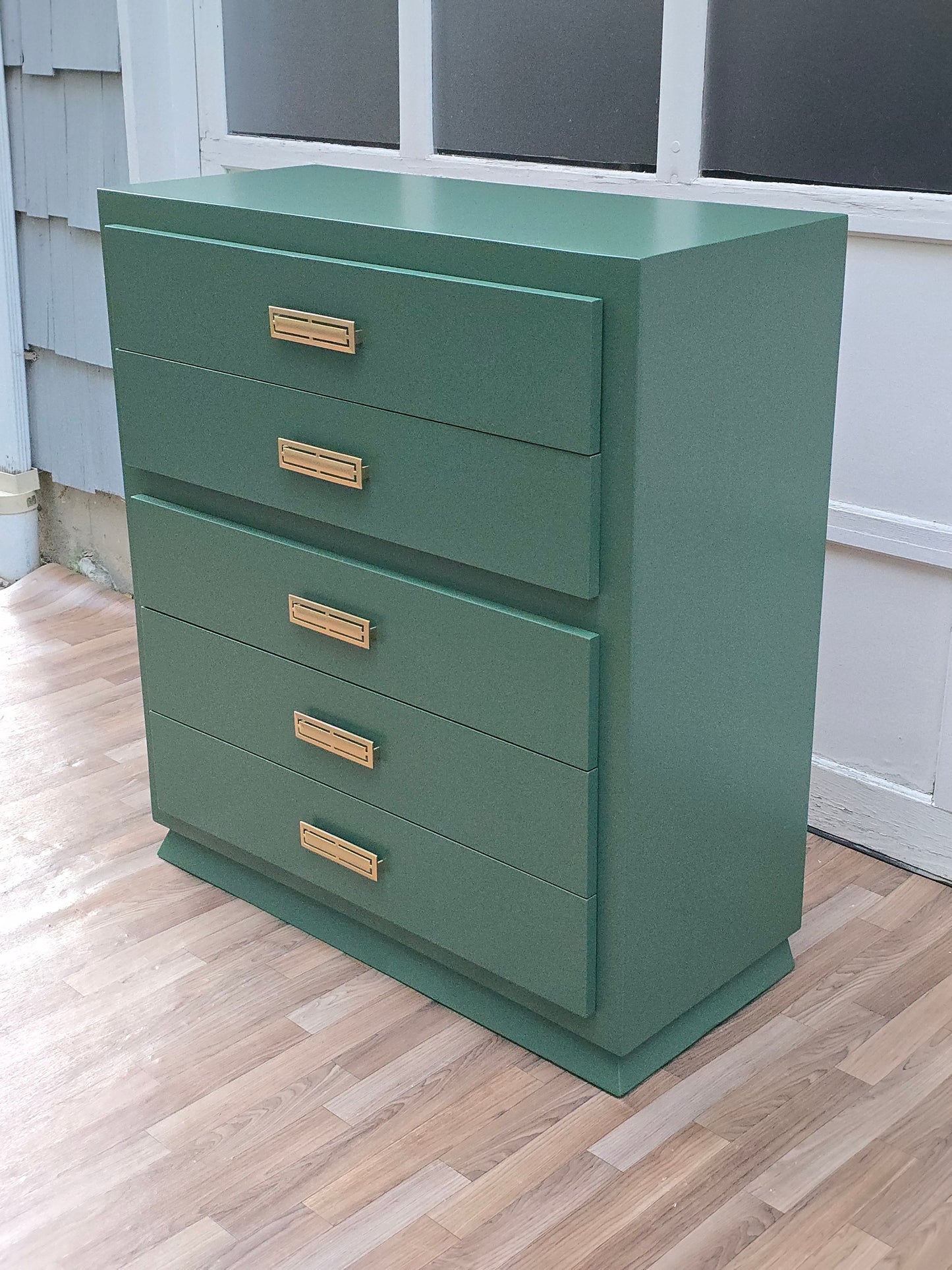 Modern Green Dresser | Hand-Refinished Forest Green 5-Drawer Chest with Brass Handles