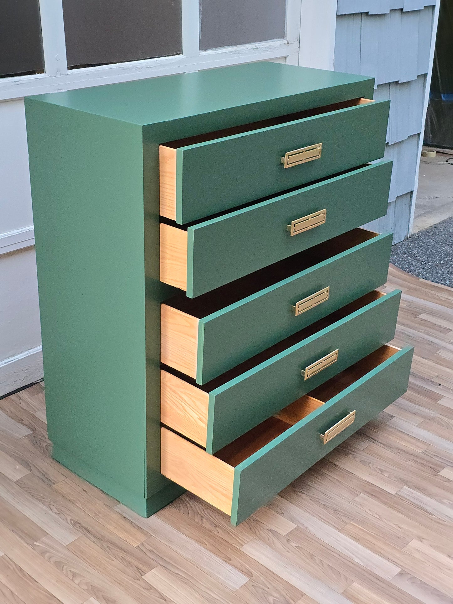 Modern Green Dresser | Hand-Refinished Forest Green 5-Drawer Chest with Brass Handles