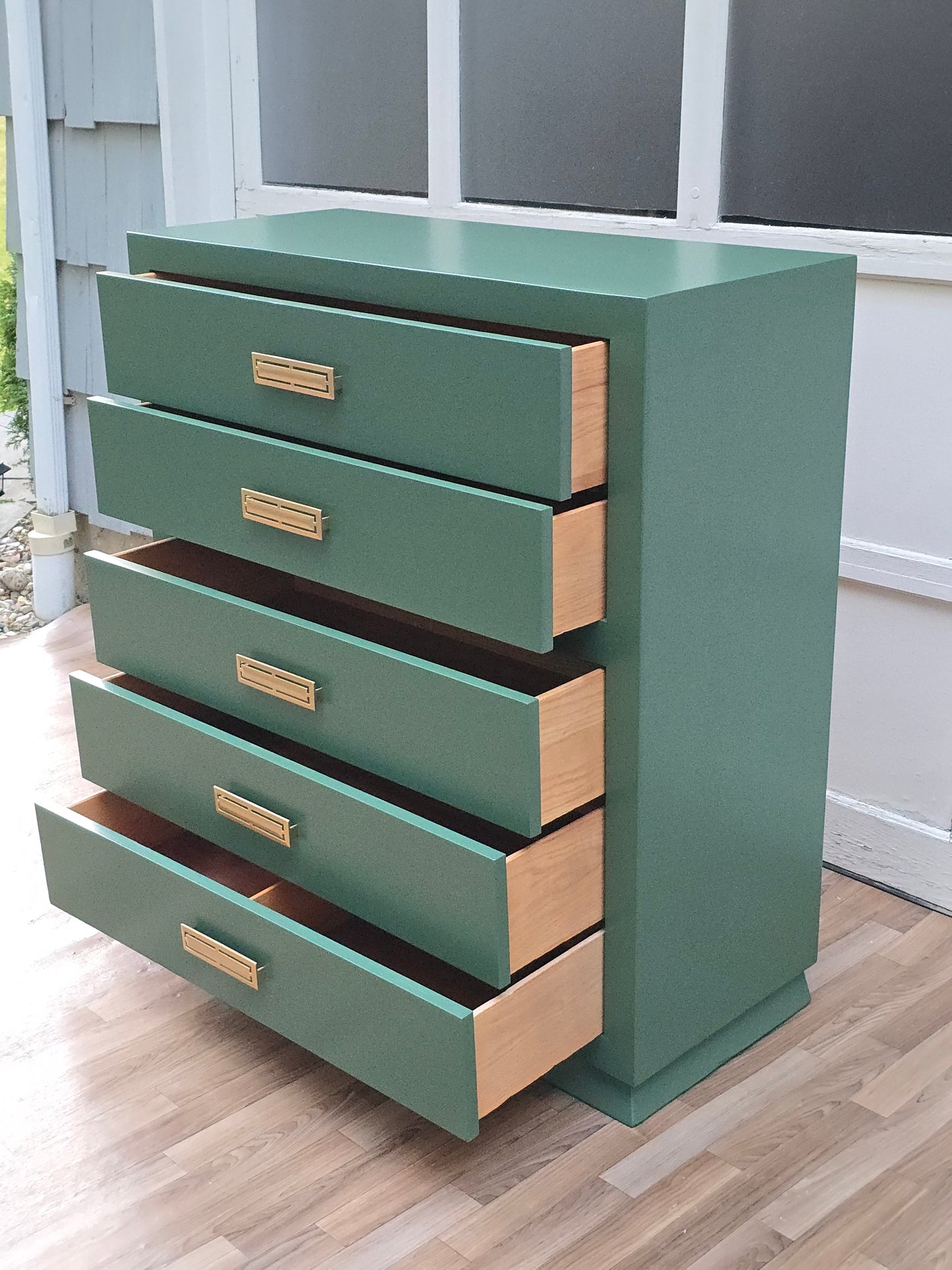 Modern Green Dresser | Hand-Refinished Forest Green 5-Drawer Chest with Brass Handles