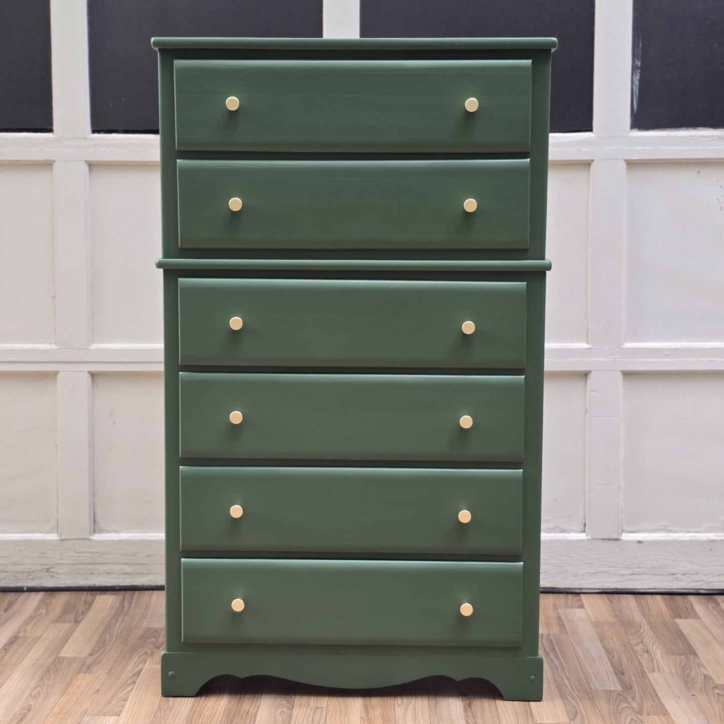 Vintage Green Tall Dresser | Hand-Refinished Modern Cottage Chest with Brass Knobs