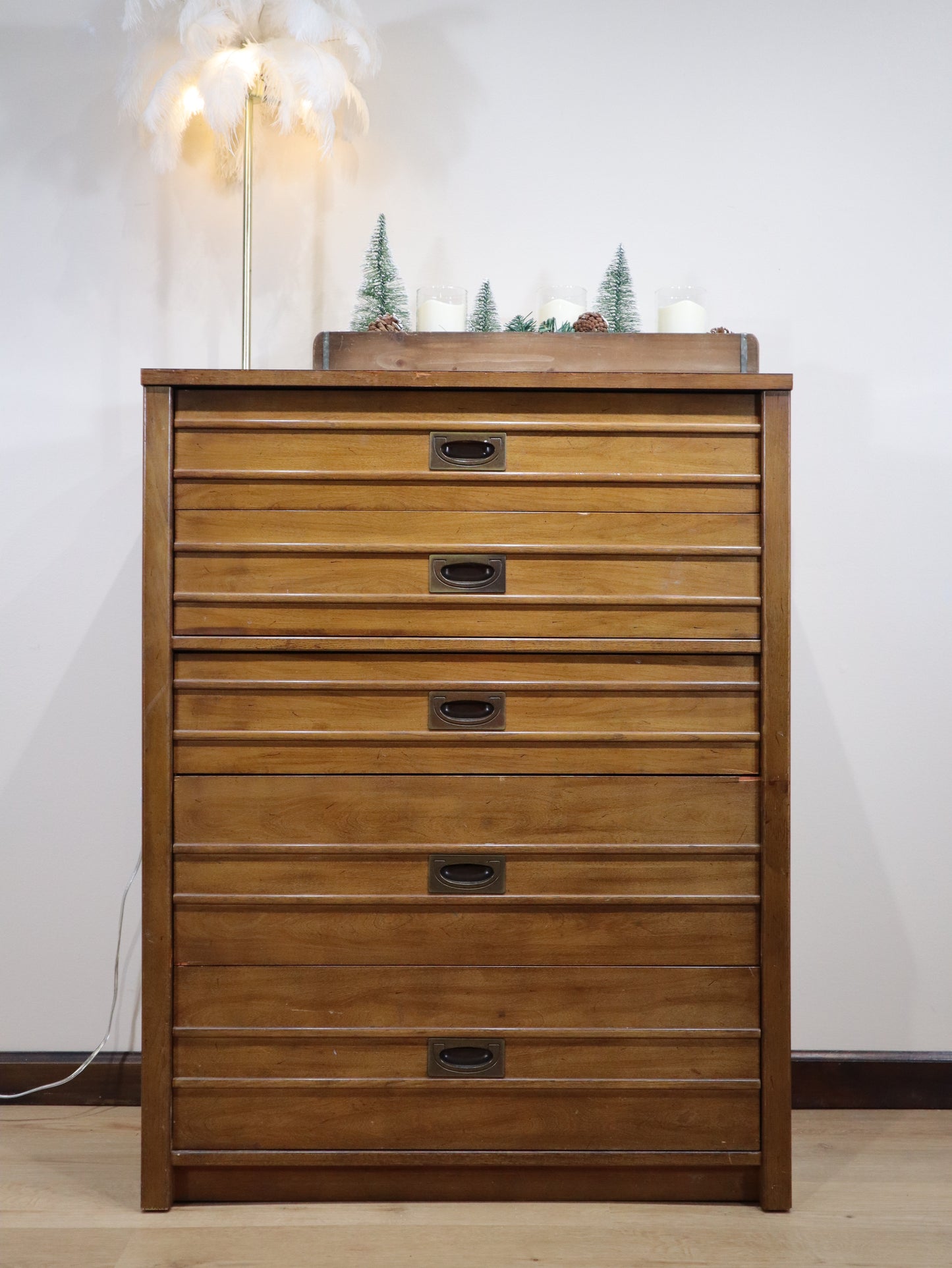 Thomasville Mid-Century Campaign-Style Tall Dresser – Solid Wood, 6 Drawers