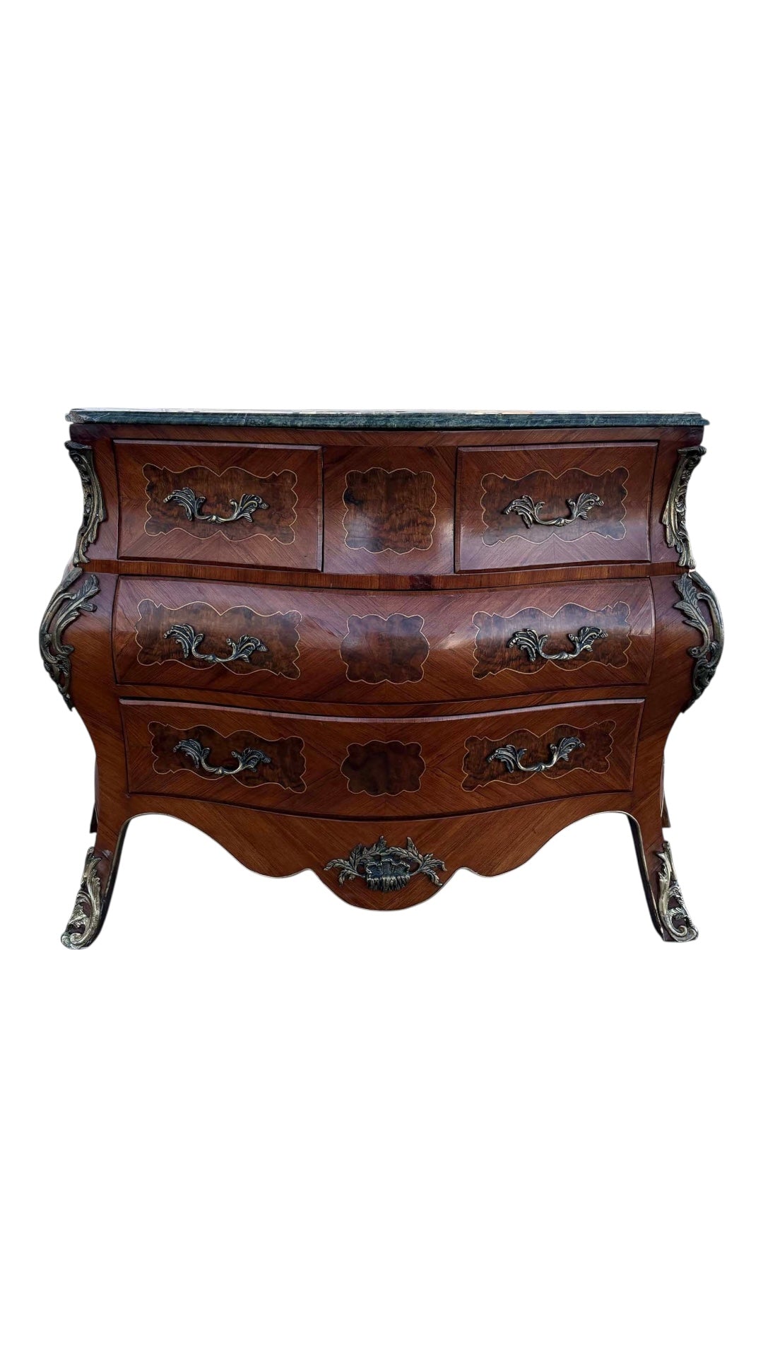 Louis XV Bombe Chest – Antique Three-Drawer Dresser with Inlay and Marble Top