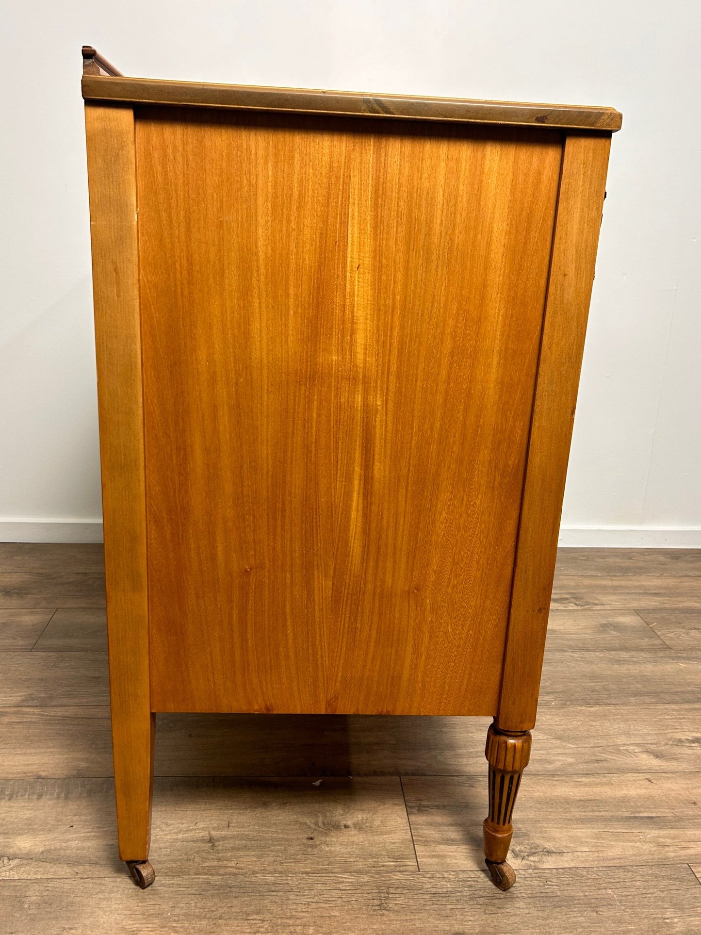 Neoclassical Style Inlaid Flame Birch Dresser – Antique Empire Chest with Star and Urn Carvings