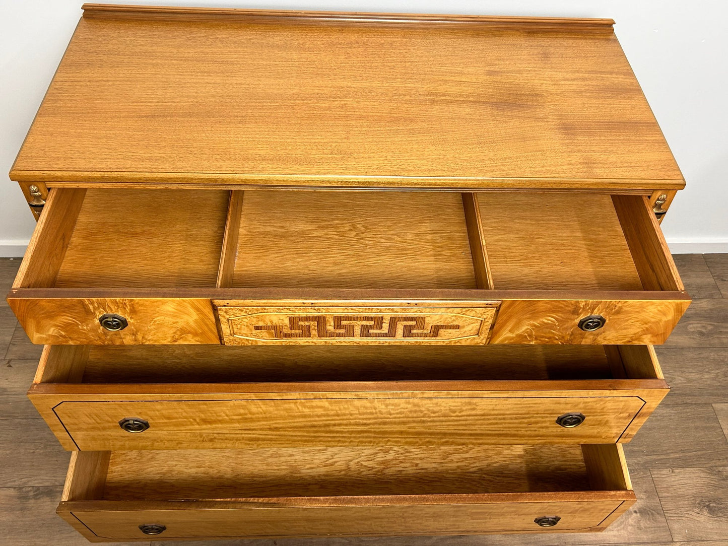 Neoclassical Style Inlaid Flame Birch Dresser – Antique Empire Chest with Star and Urn Carvings