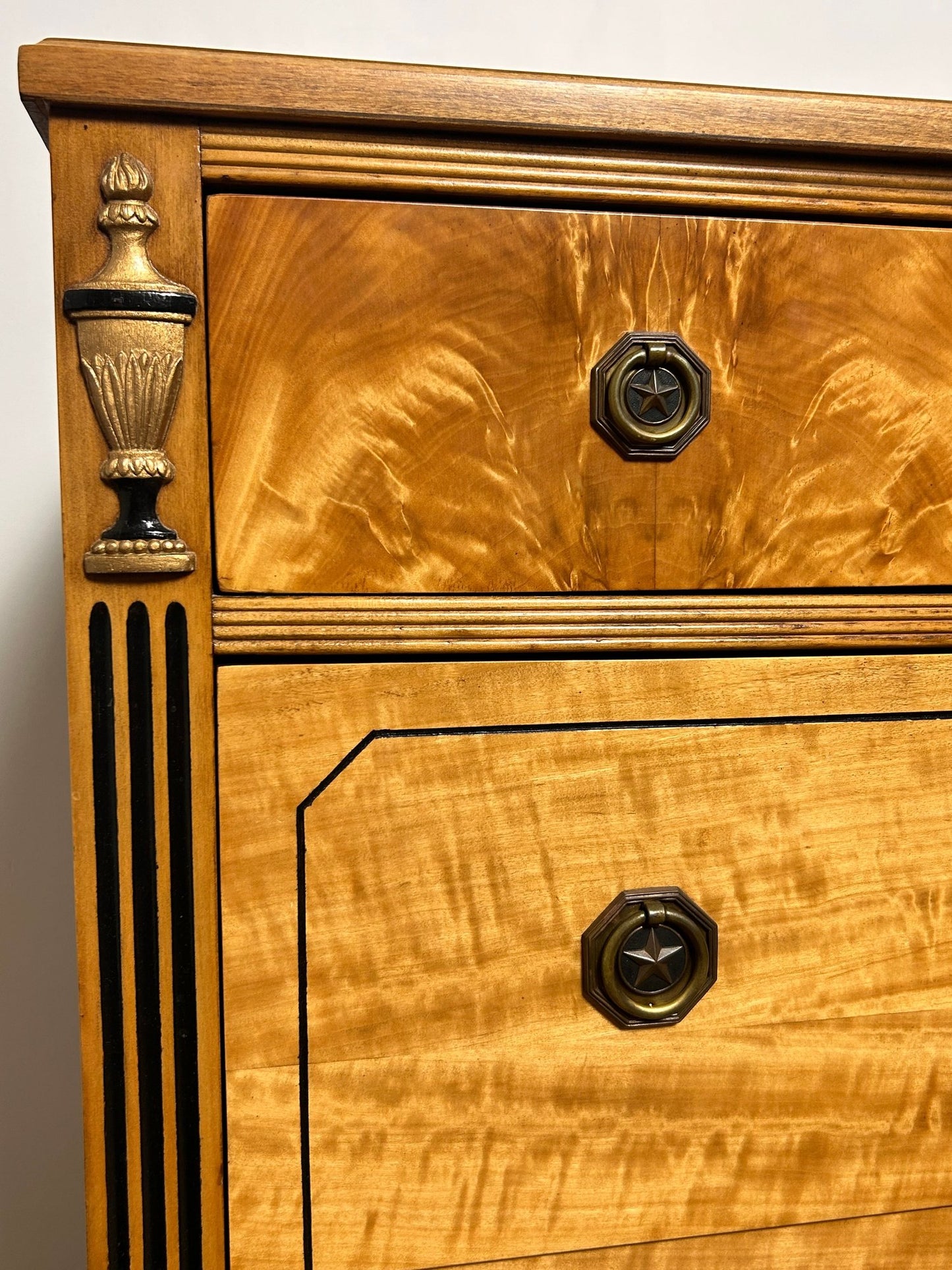 Neoclassical Style Inlaid Flame Birch Dresser – Antique Empire Chest with Star and Urn Carvings