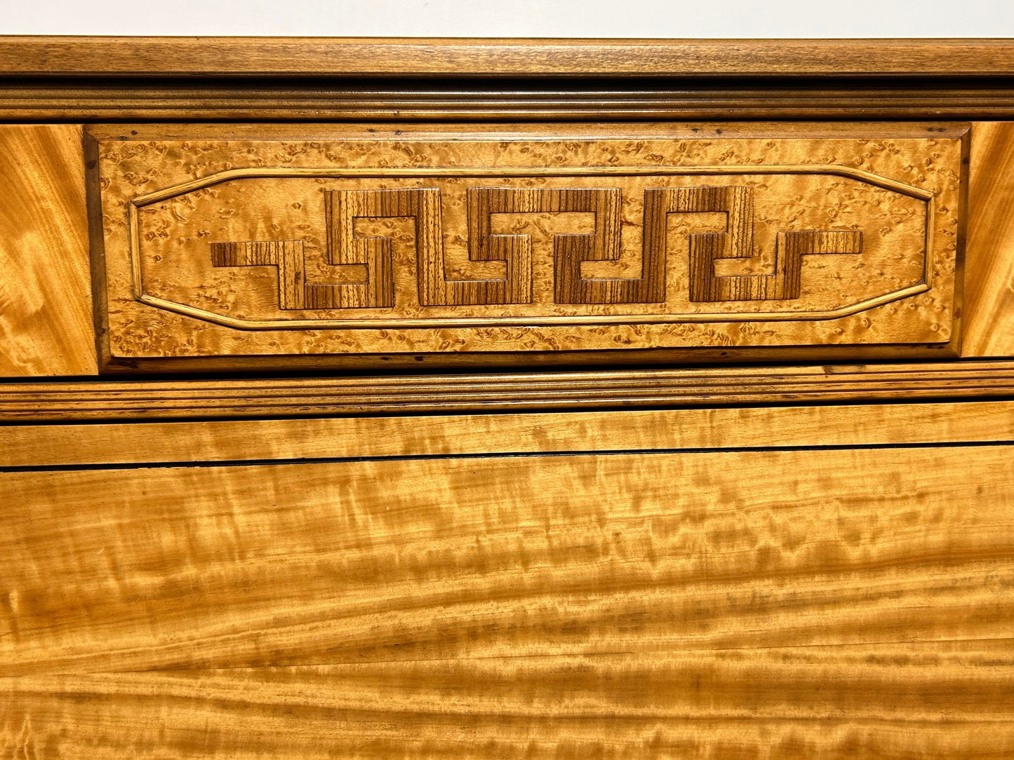 Neoclassical Style Inlaid Flame Birch Dresser – Antique Empire Chest with Star and Urn Carvings