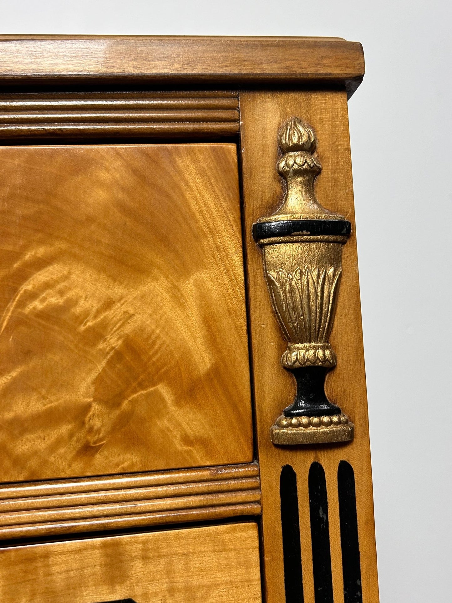 Neoclassical Style Inlaid Flame Birch Dresser – Antique Empire Chest with Star and Urn Carvings