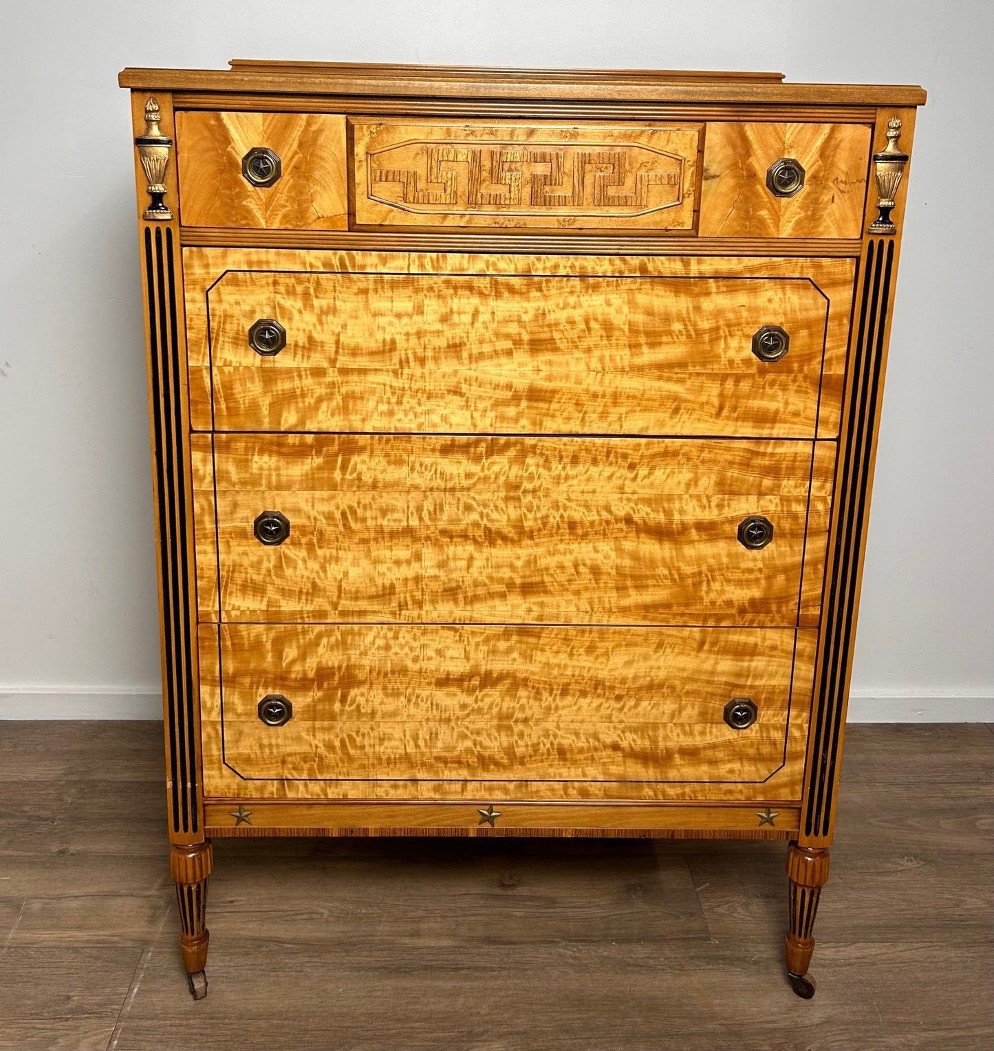 Neoclassical Flame Birch Tall Chest – Antique Empire Style Dresser with Urn Carvings and Inlay