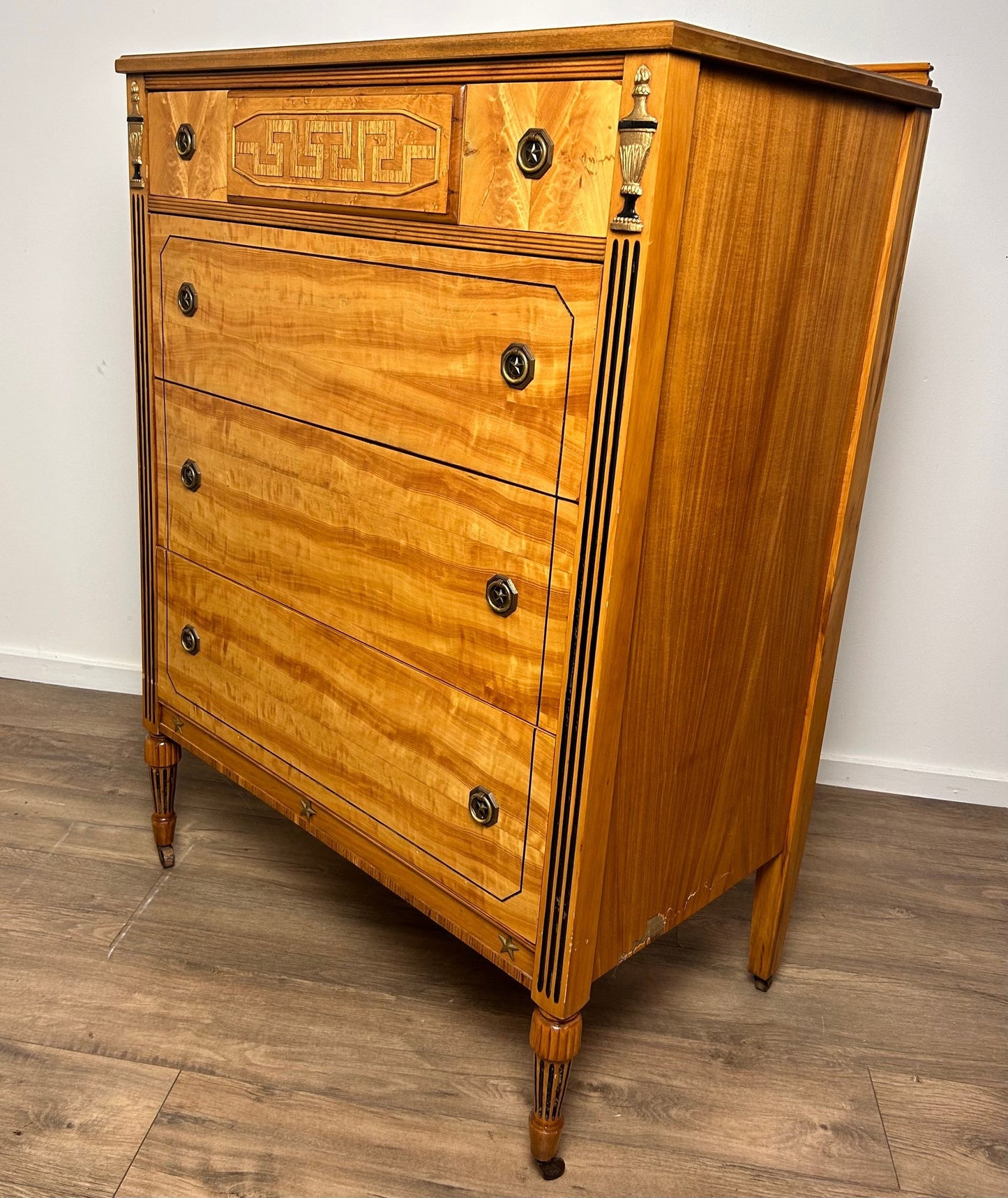 Neoclassical Flame Birch Tall Chest – Antique Empire Style Dresser with Urn Carvings and Inlay