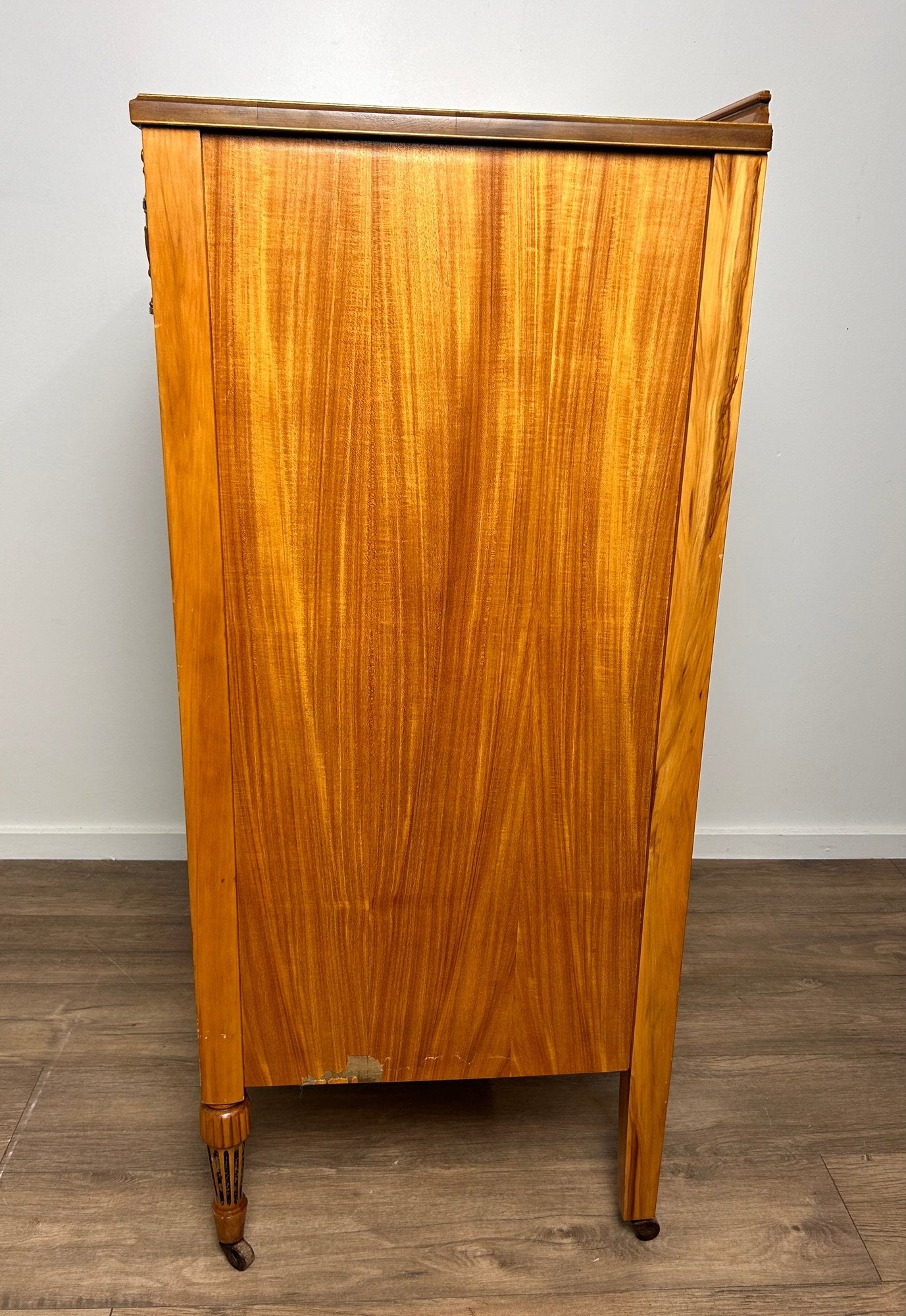 Neoclassical Flame Birch Tall Chest – Antique Empire Style Dresser with Urn Carvings and Inlay